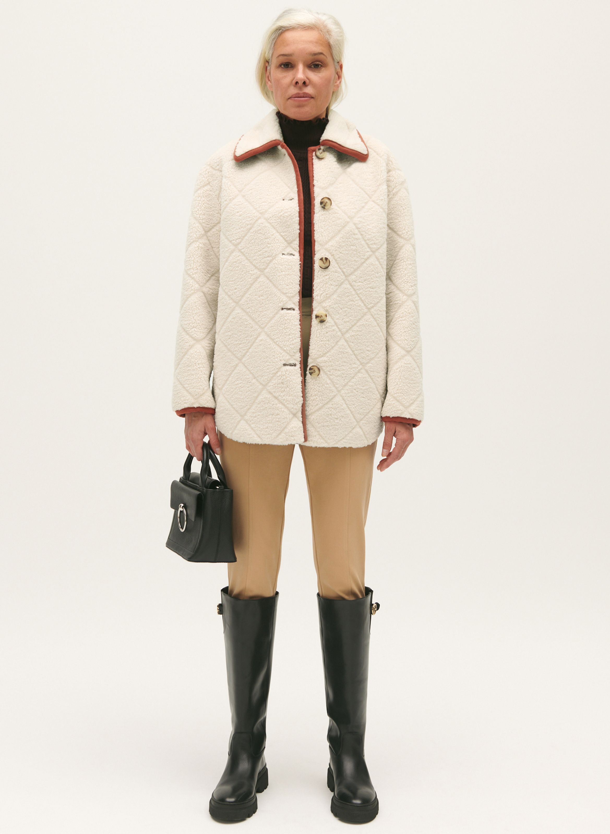 White Straight sheepskin coat with Peter Pan collar