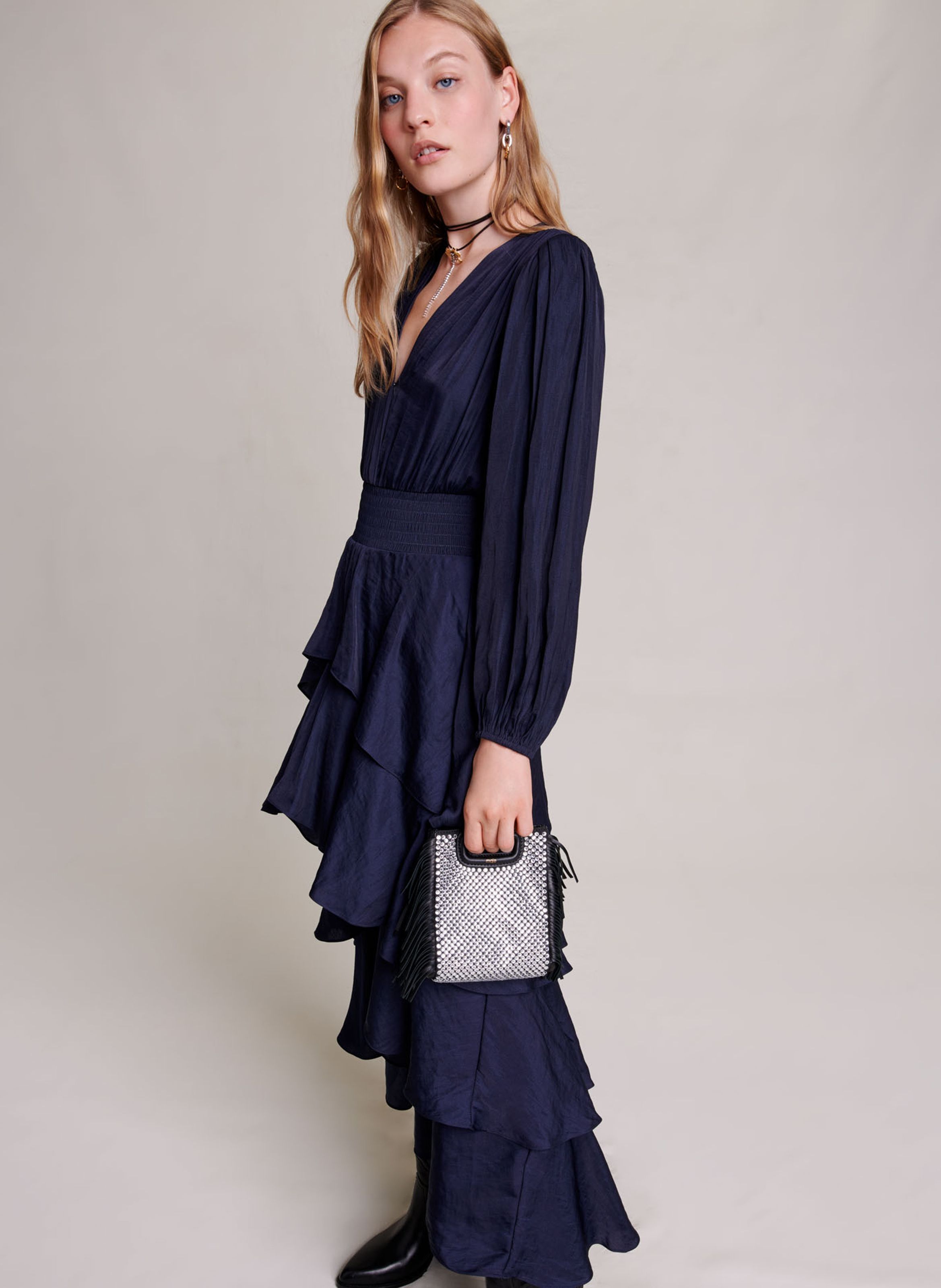 Robe longue col V volants Bleu