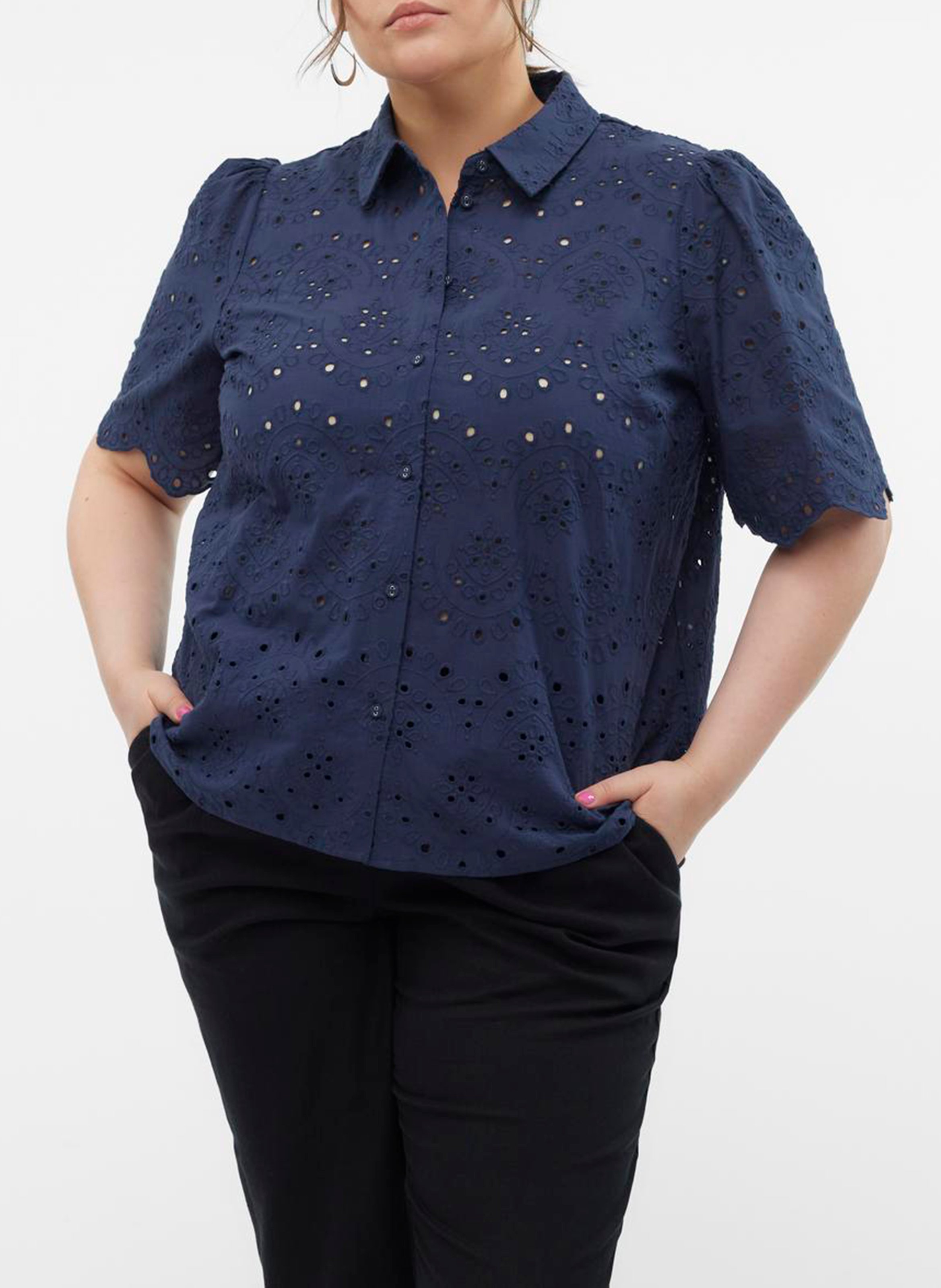 Openwork cotton short-sleeved shirt VERO MODA CURVE Blue