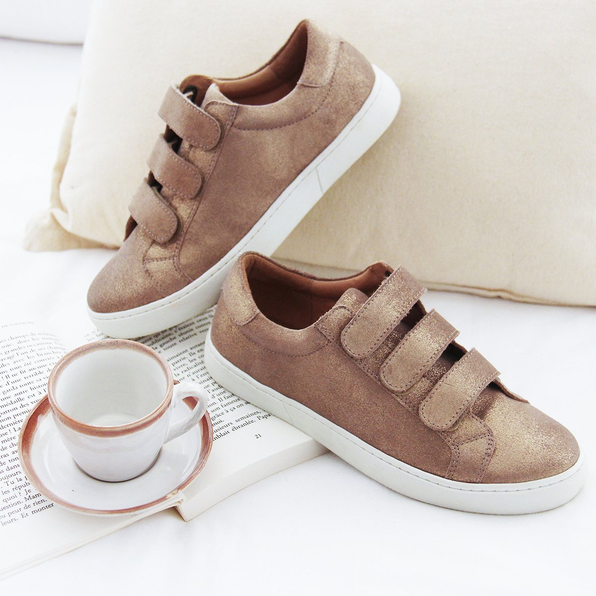 Metallic leather Velcro trainers Brown