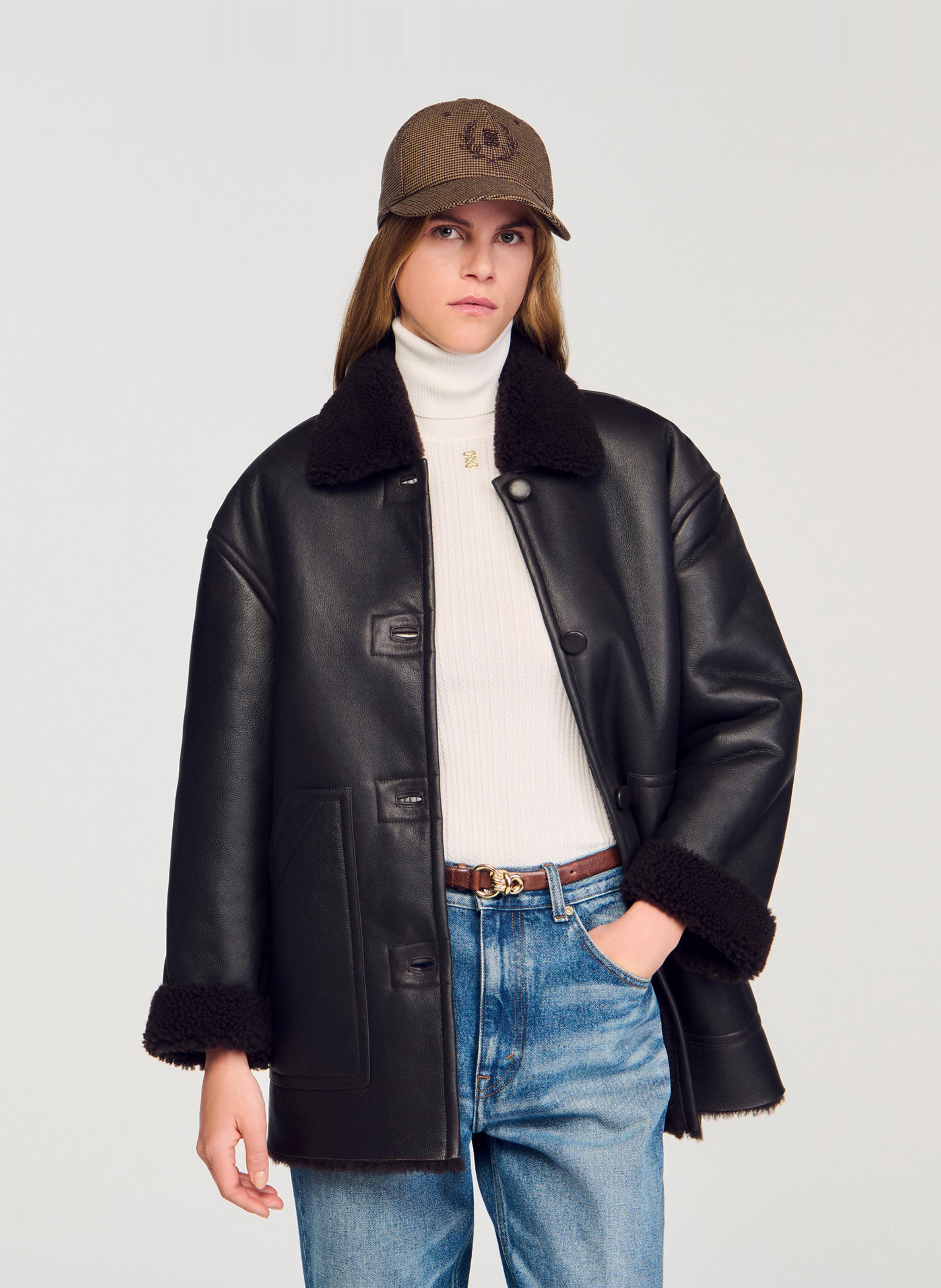 Veste col classique en cuir SANDRO Marron