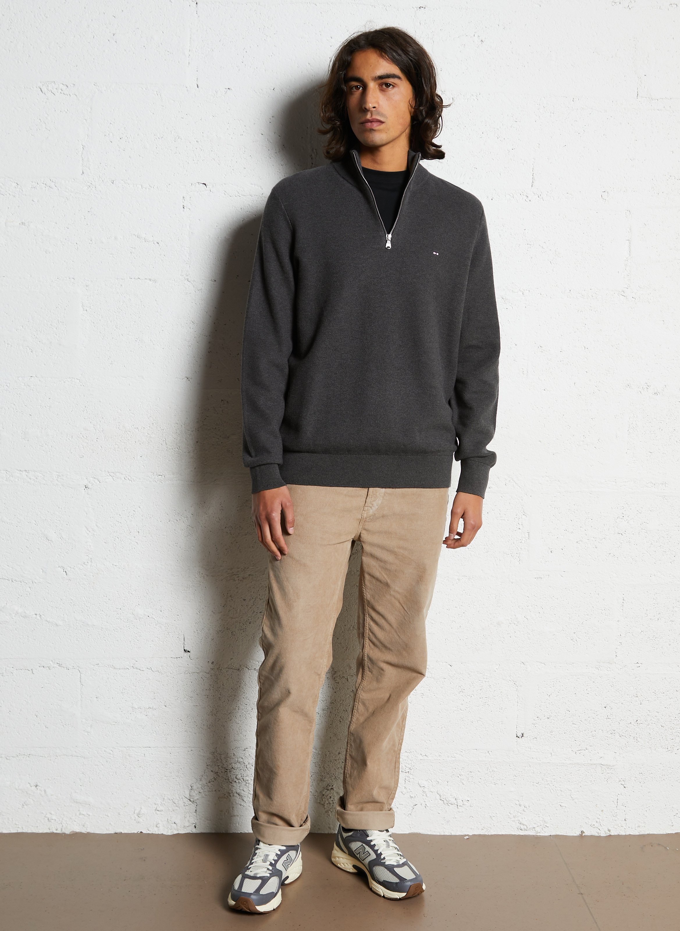 Pull droit col montant brodé en coton EDEN PARK Gris