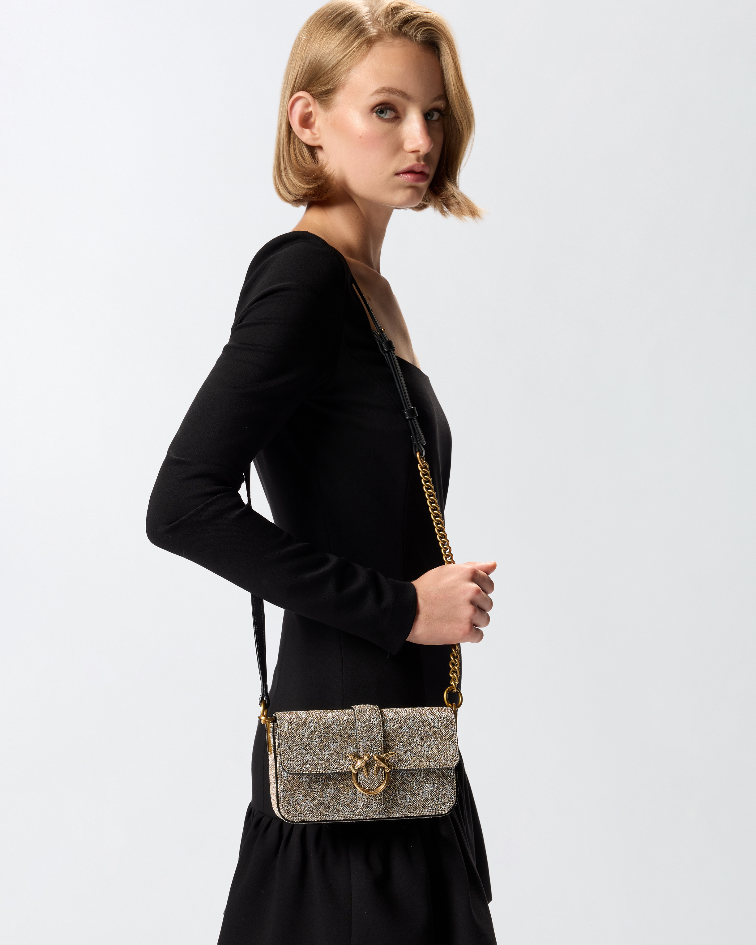 Shoulder bag "Baby Love Bag Slouchy" in leather with rhinestones PINKO Golden