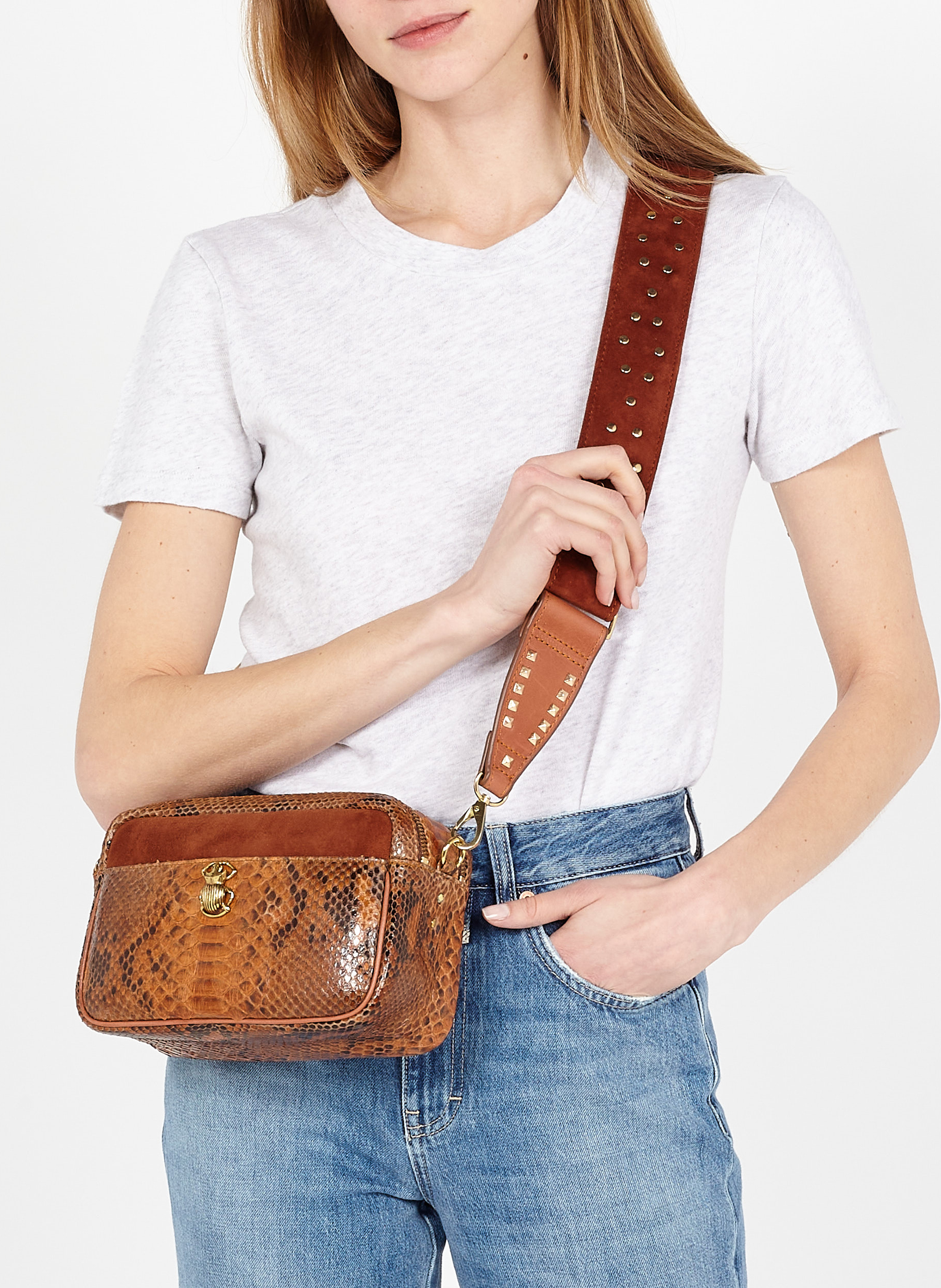 Snakeskin leather shoulder bag CLARIS VIROT Brown
