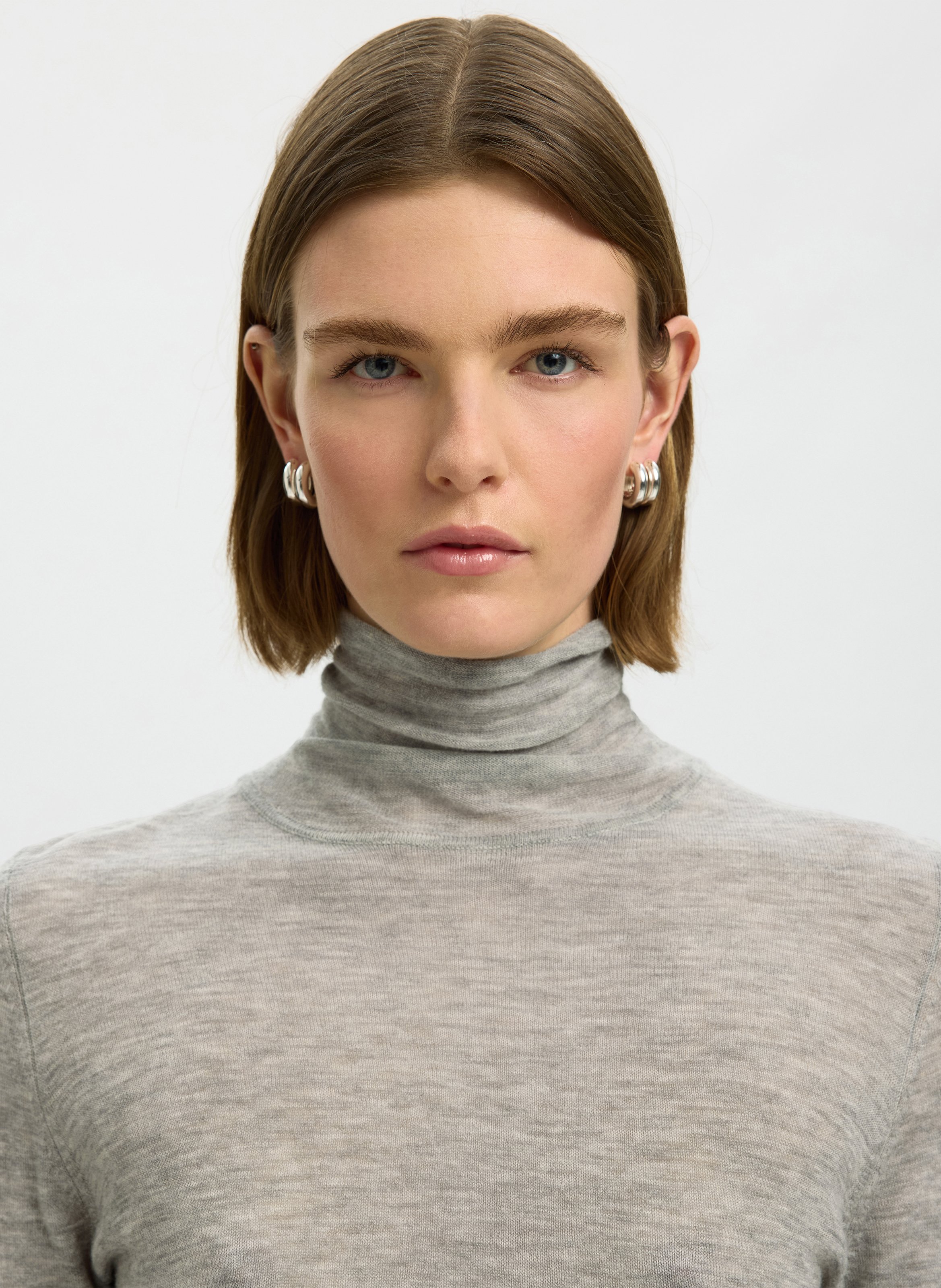 Tee-shirt col roulé uni en laine SELECTED Gris