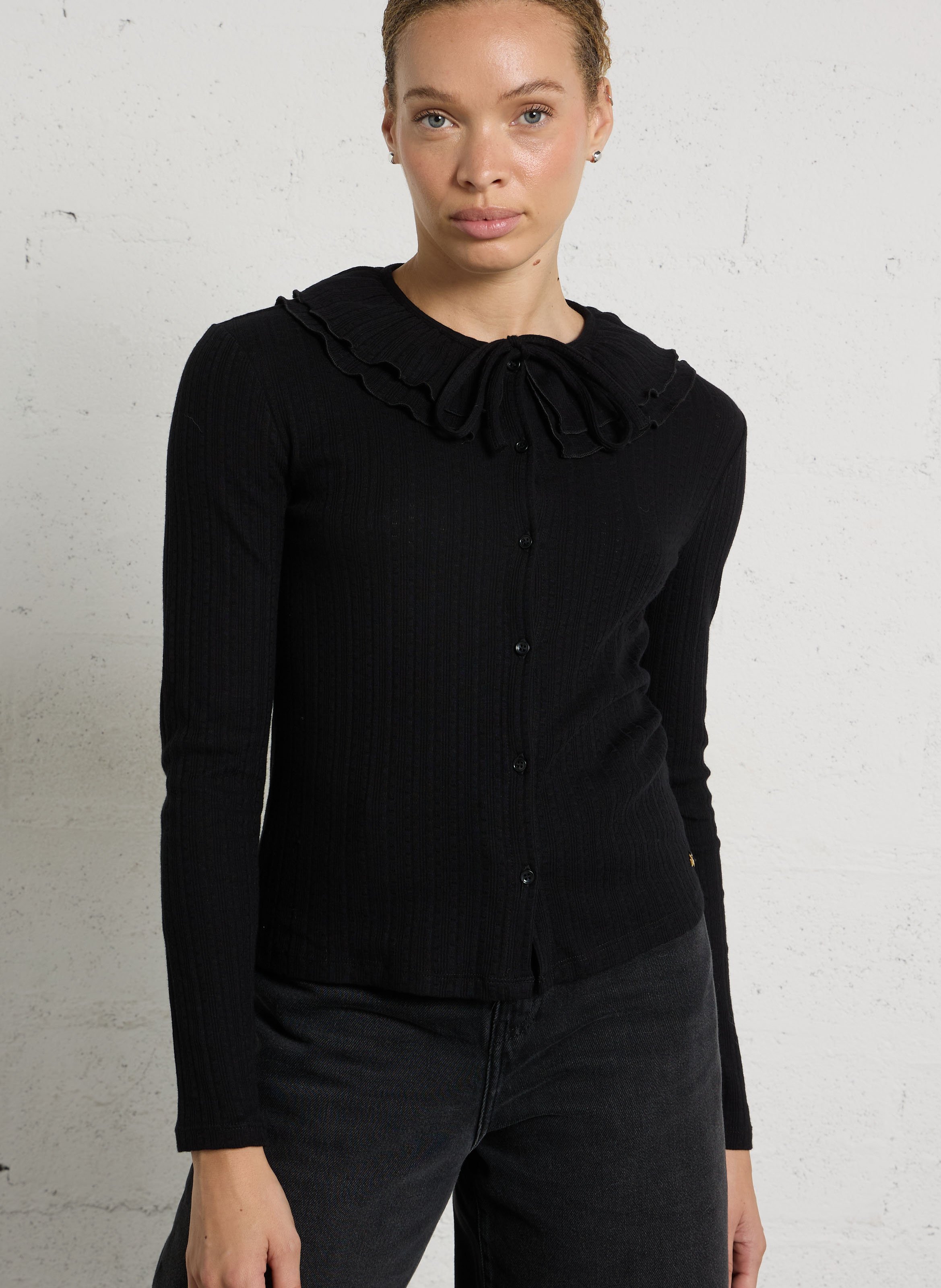 Straight-fit cotton shirt with Peter Pan collar DES PETITS HAUTS Black