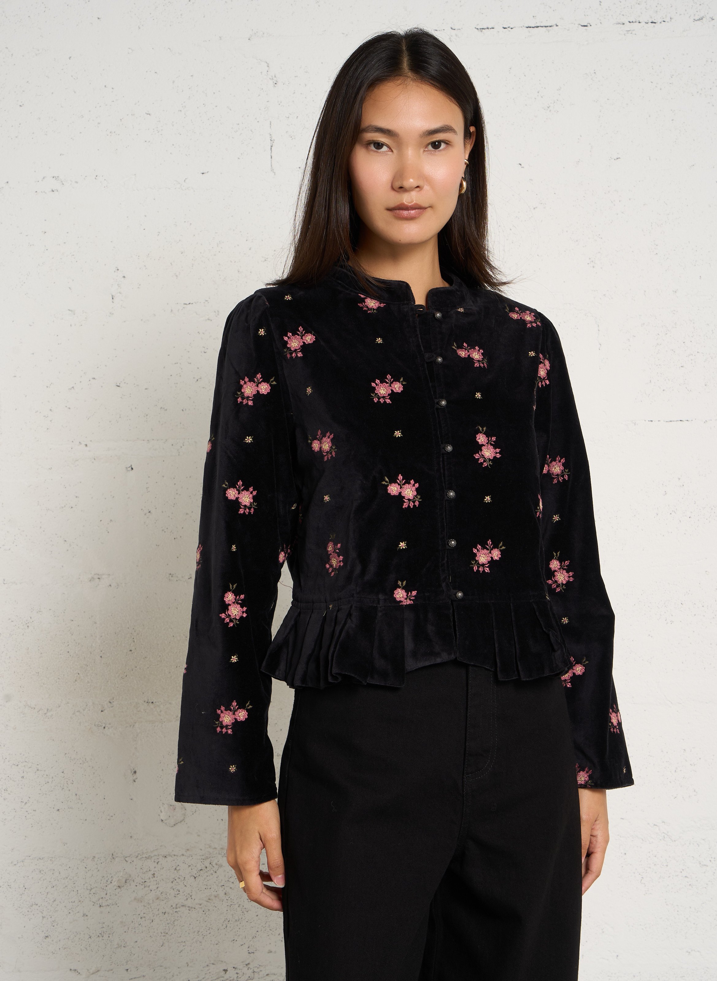Gerade bestickte Baumwoll-Veloursjacke MAISON HOTEL Schwarz