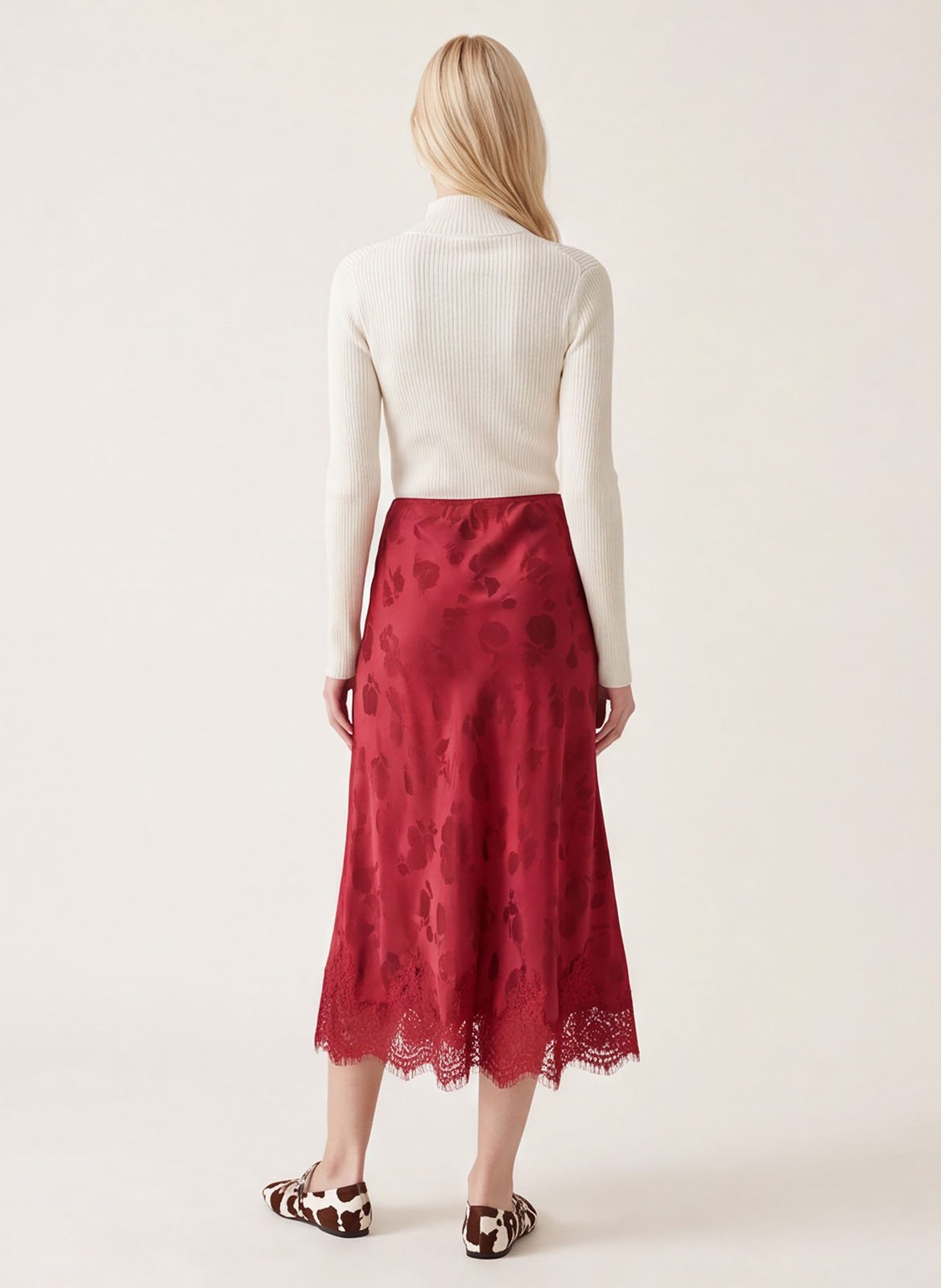 Gerader Rock aus satinierter Spitze mit Blumenmuster KOOKAI Rot