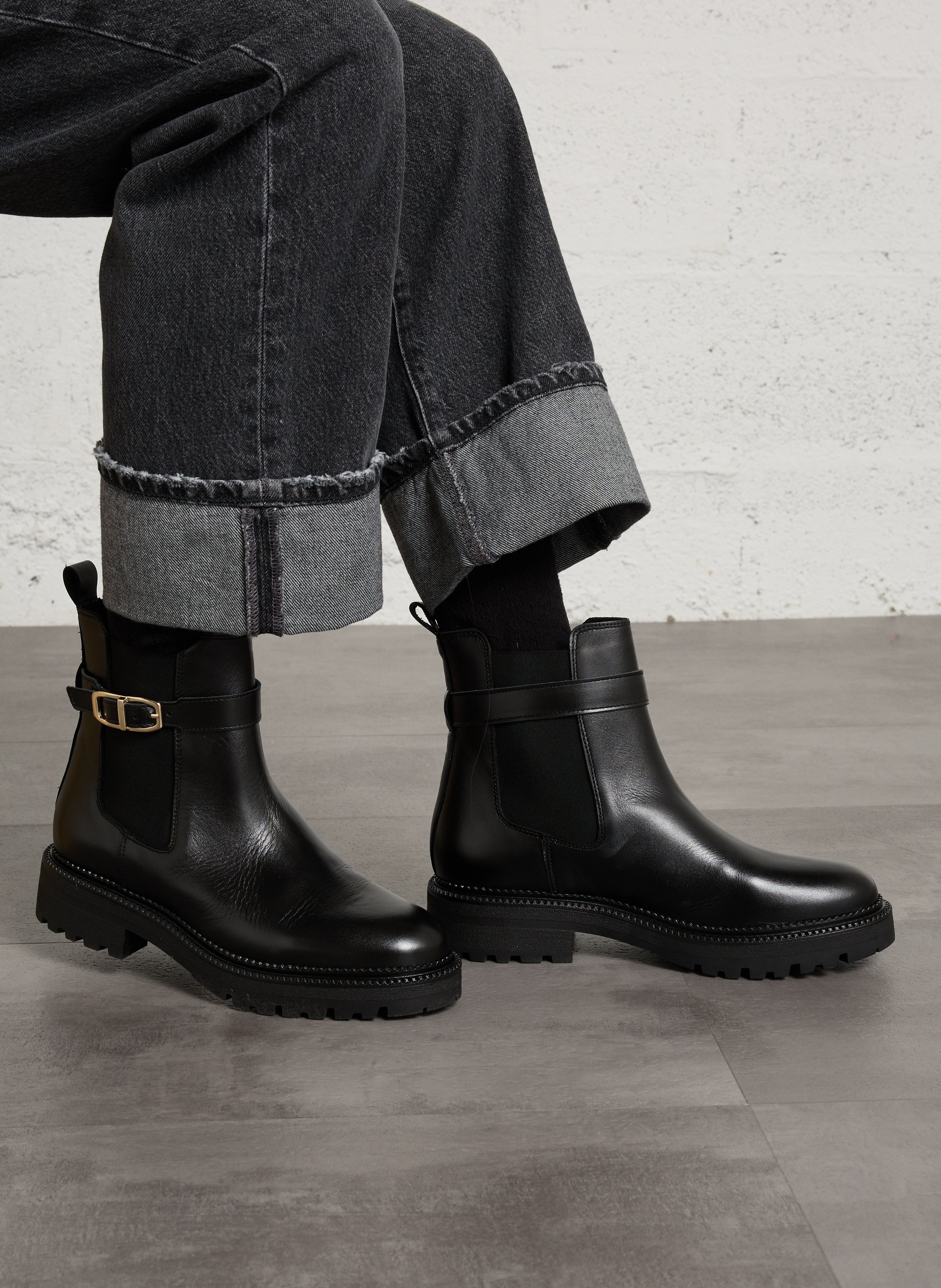 Leather Mixed Buckle Ankle Boots BOCAGE Black