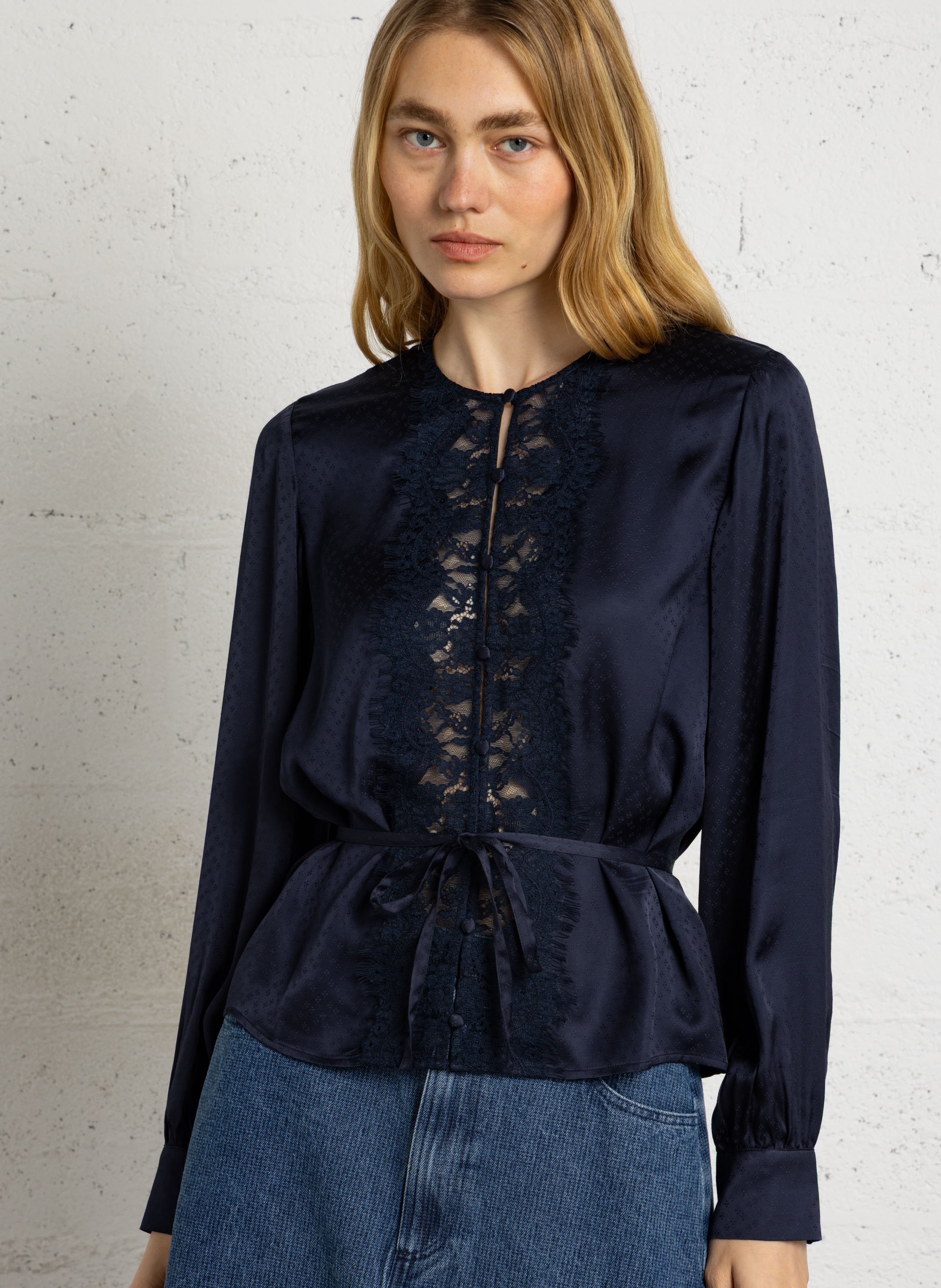 Long-sleeve jacquard lace top PETITE MENDIGOTE Blue