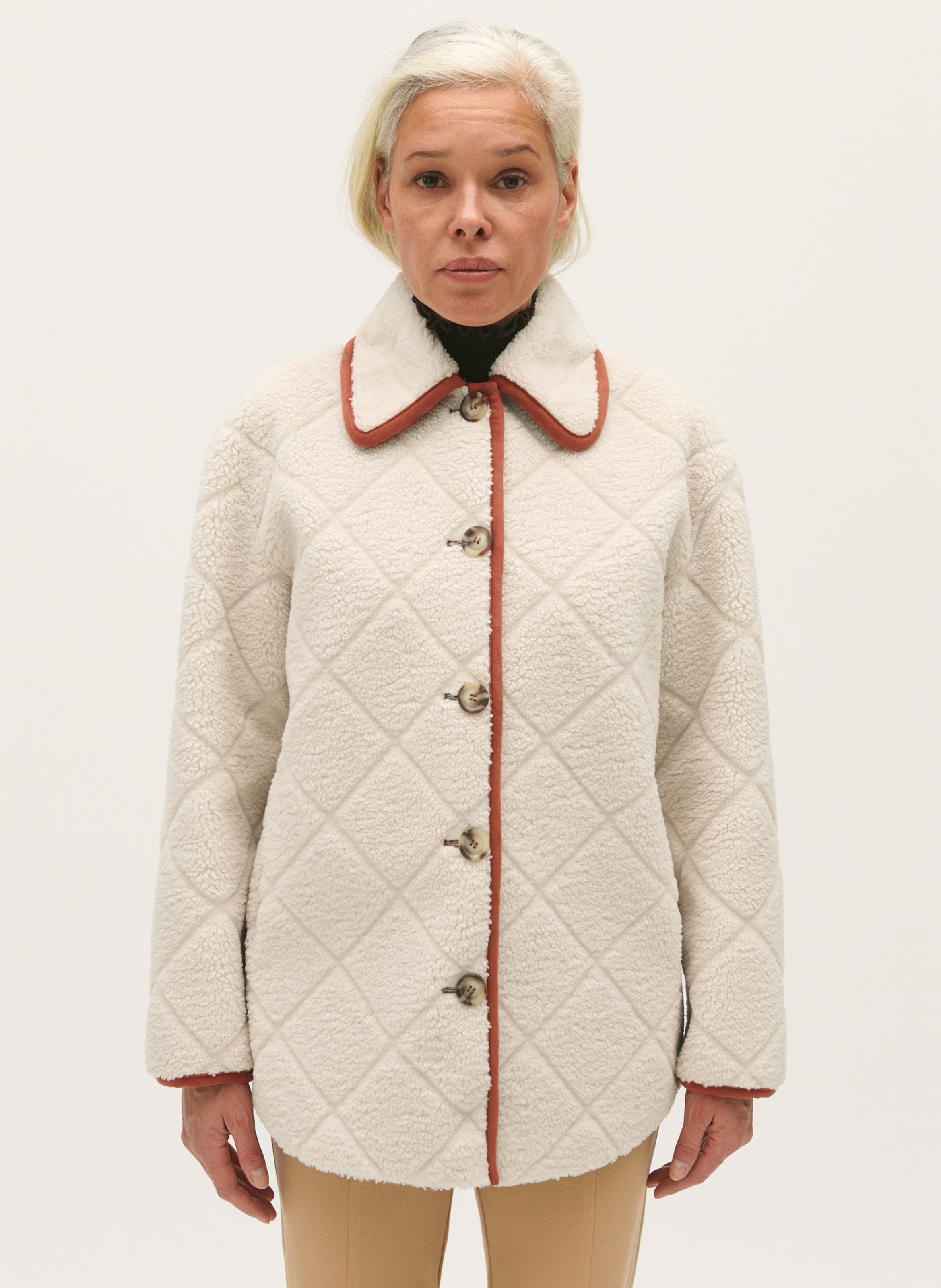 White Straight sheepskin coat with Peter Pan collar