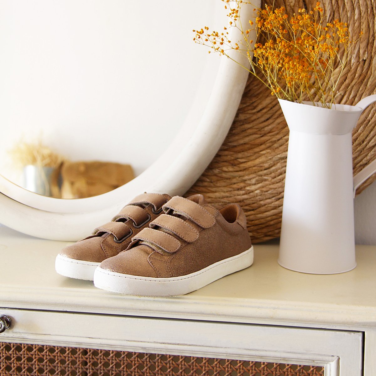 Metallic leather Velcro trainers Brown