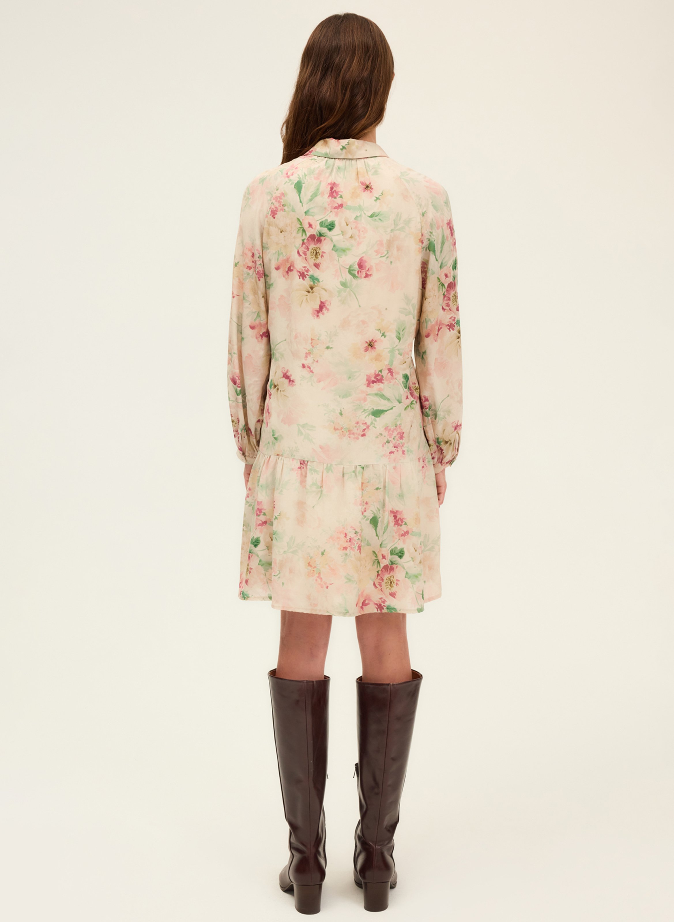 Short dress with floral print and shirt collar PABLO Beige