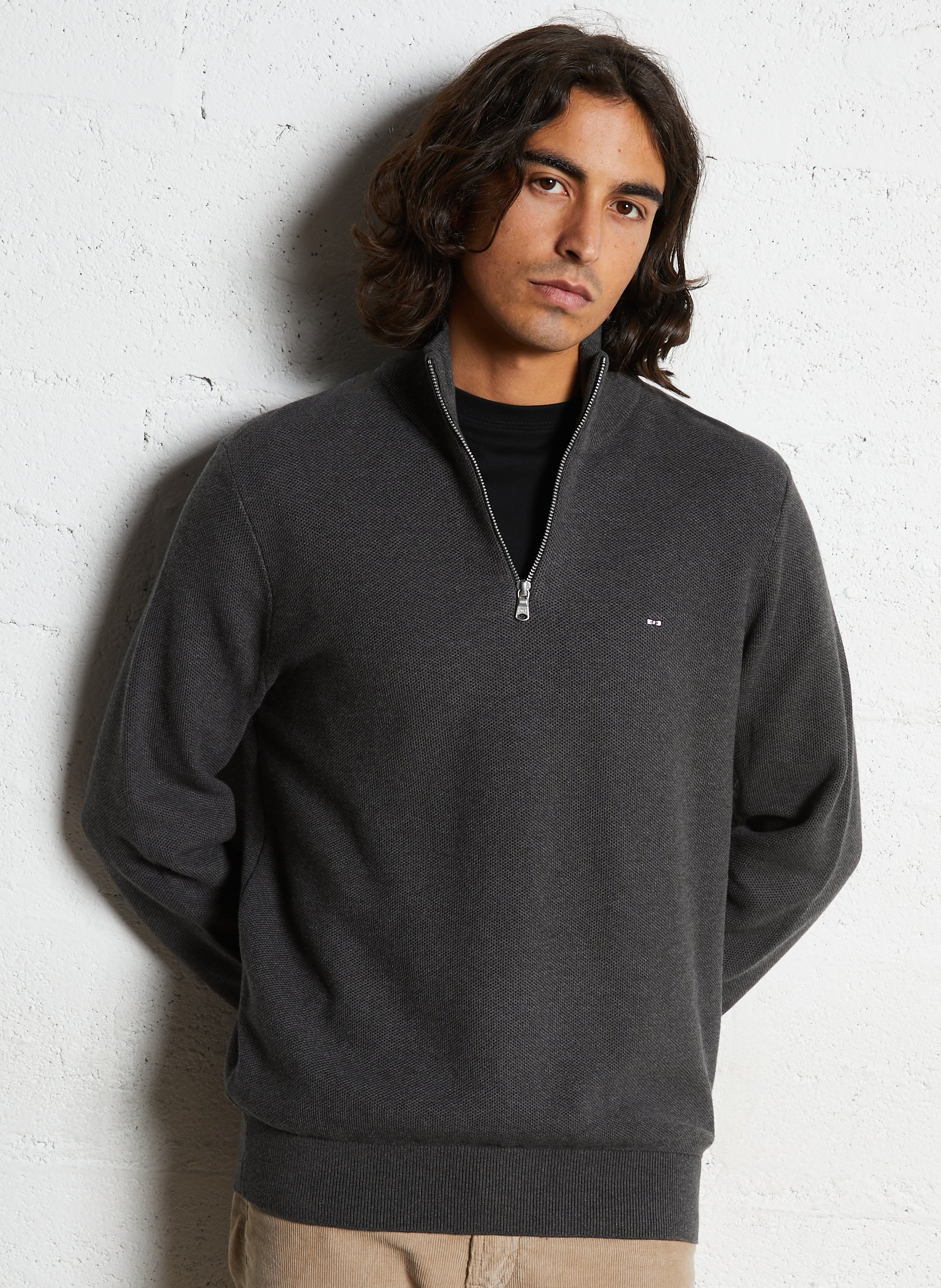 Pull droit col montant brodé en coton EDEN PARK Gris