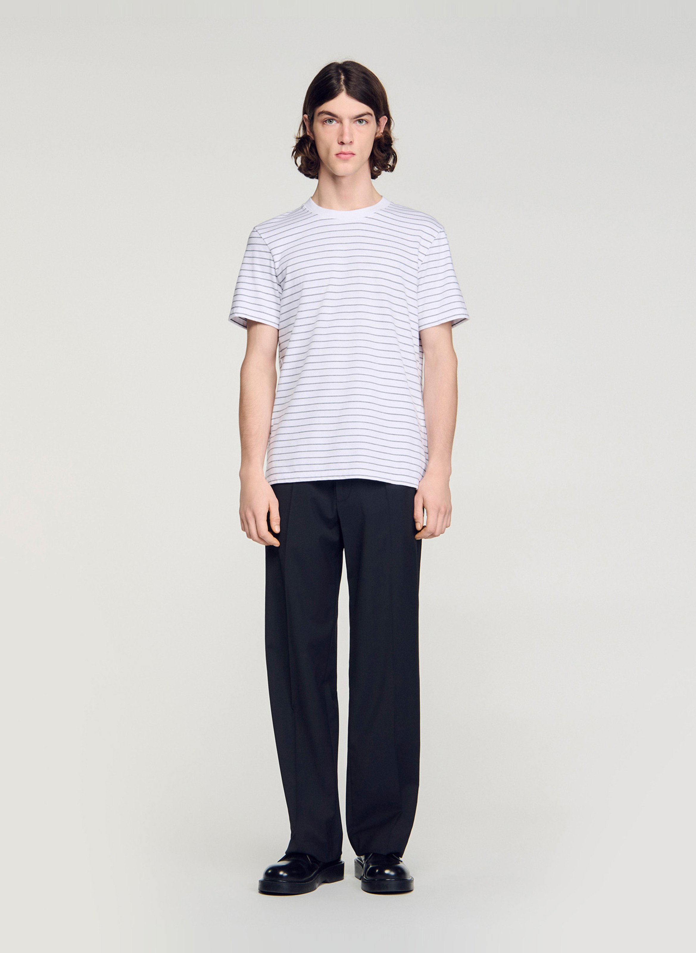 Tee-shirt col rond à rayures SANDRO Blanc