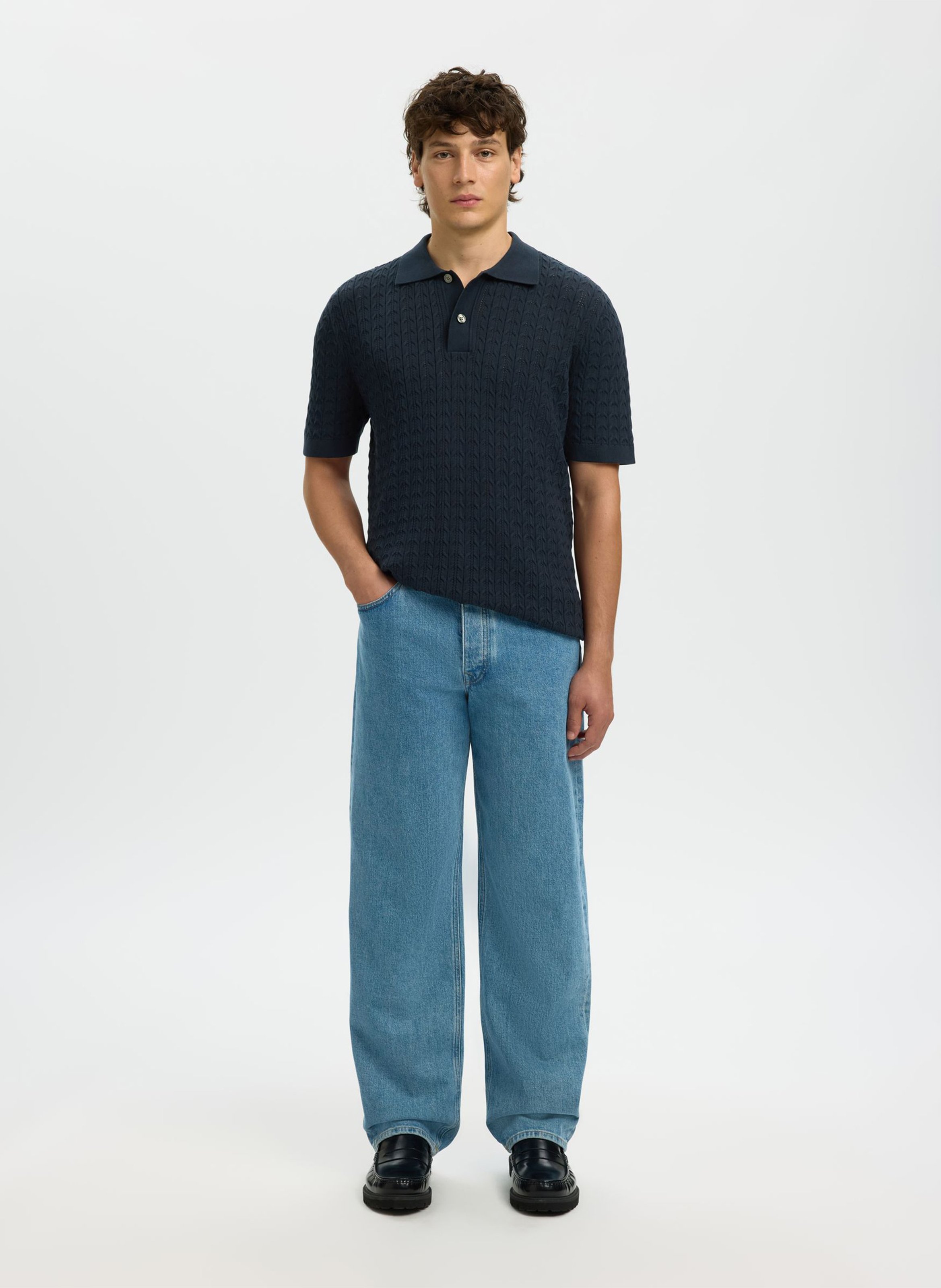 Polo en maille en coton bio SELECTED Bleu