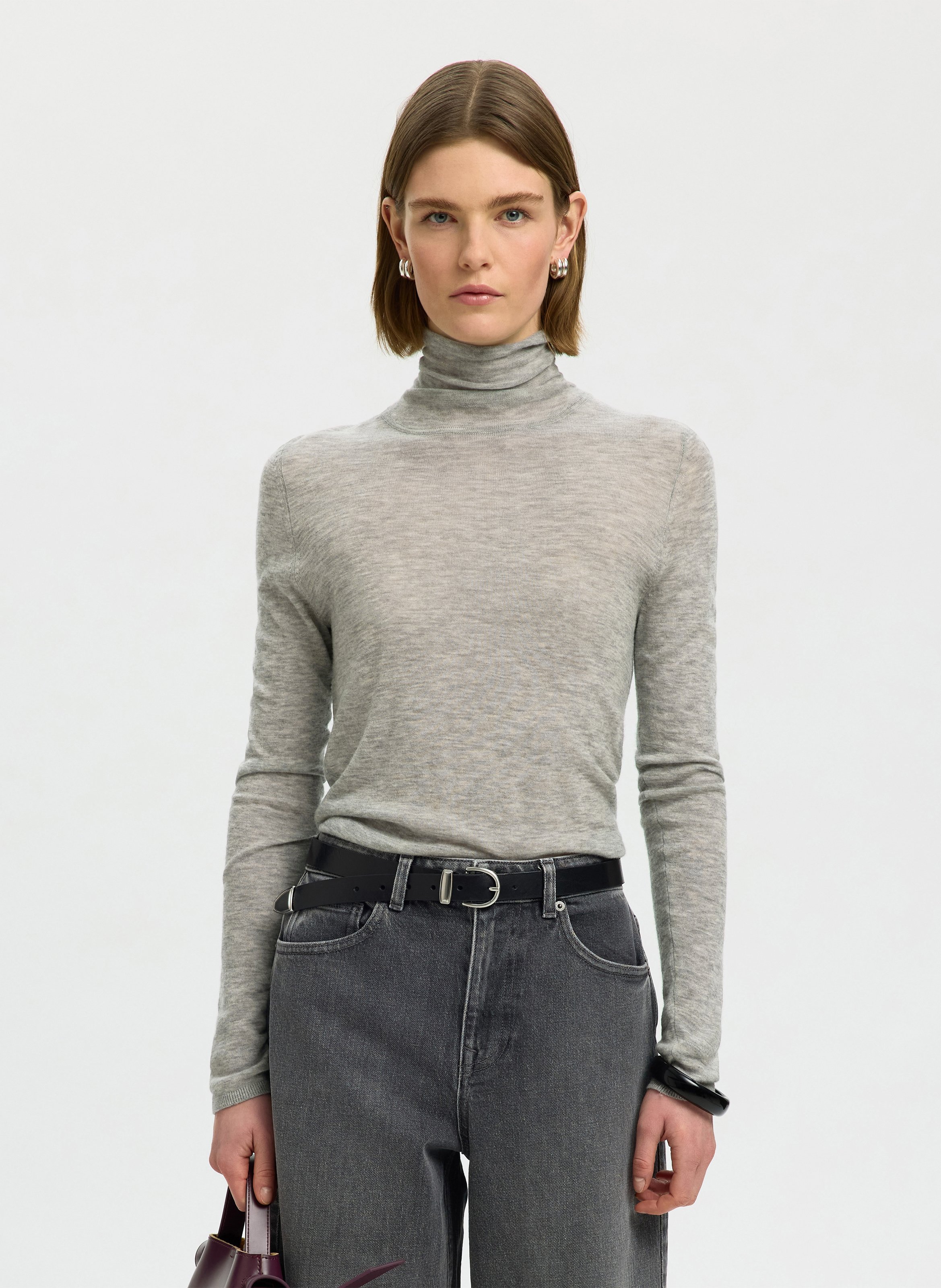 Tee-shirt col roulé uni en laine SELECTED Gris