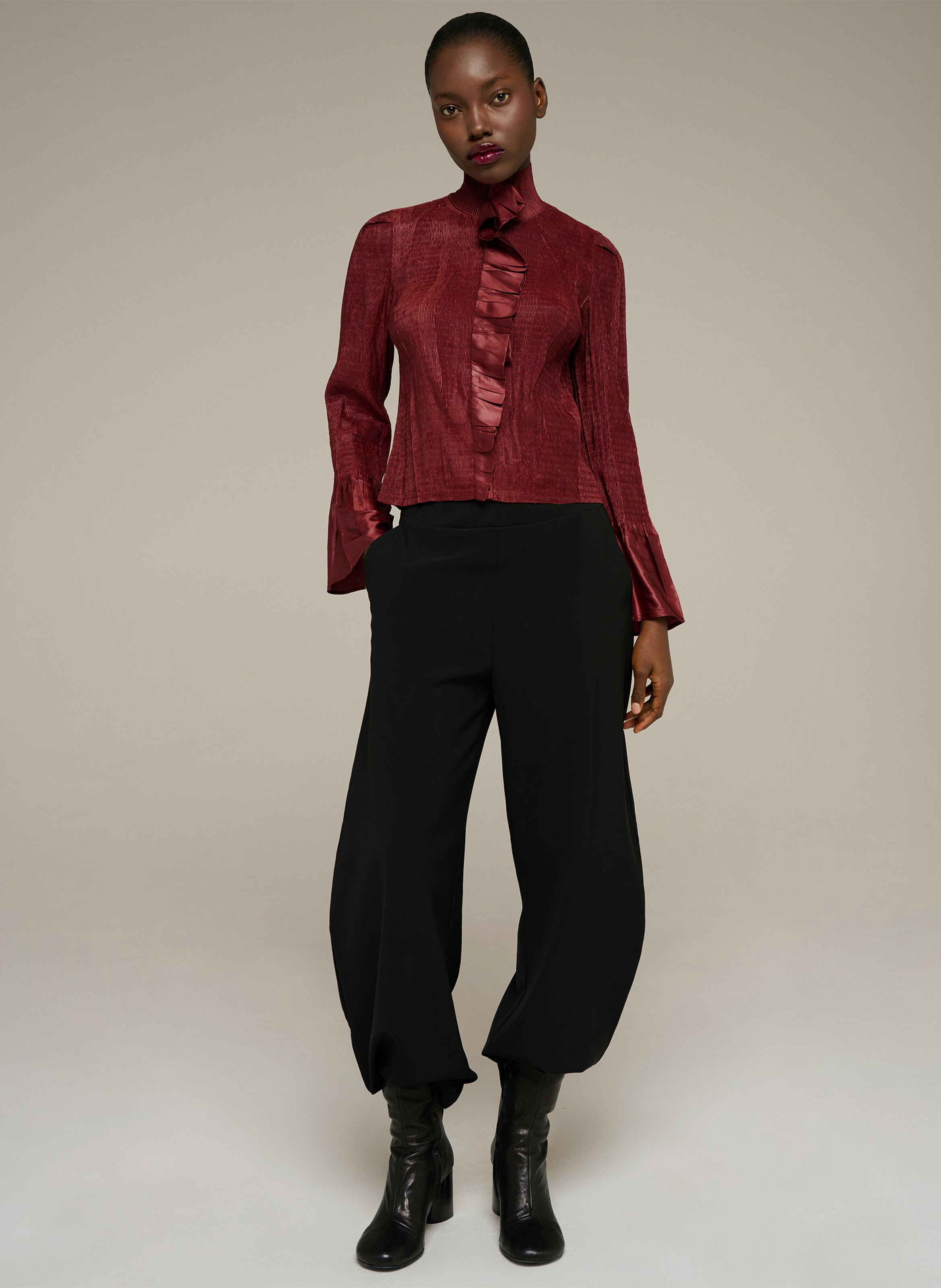 Chemise col montant plissée à volants  COTELAC Rose