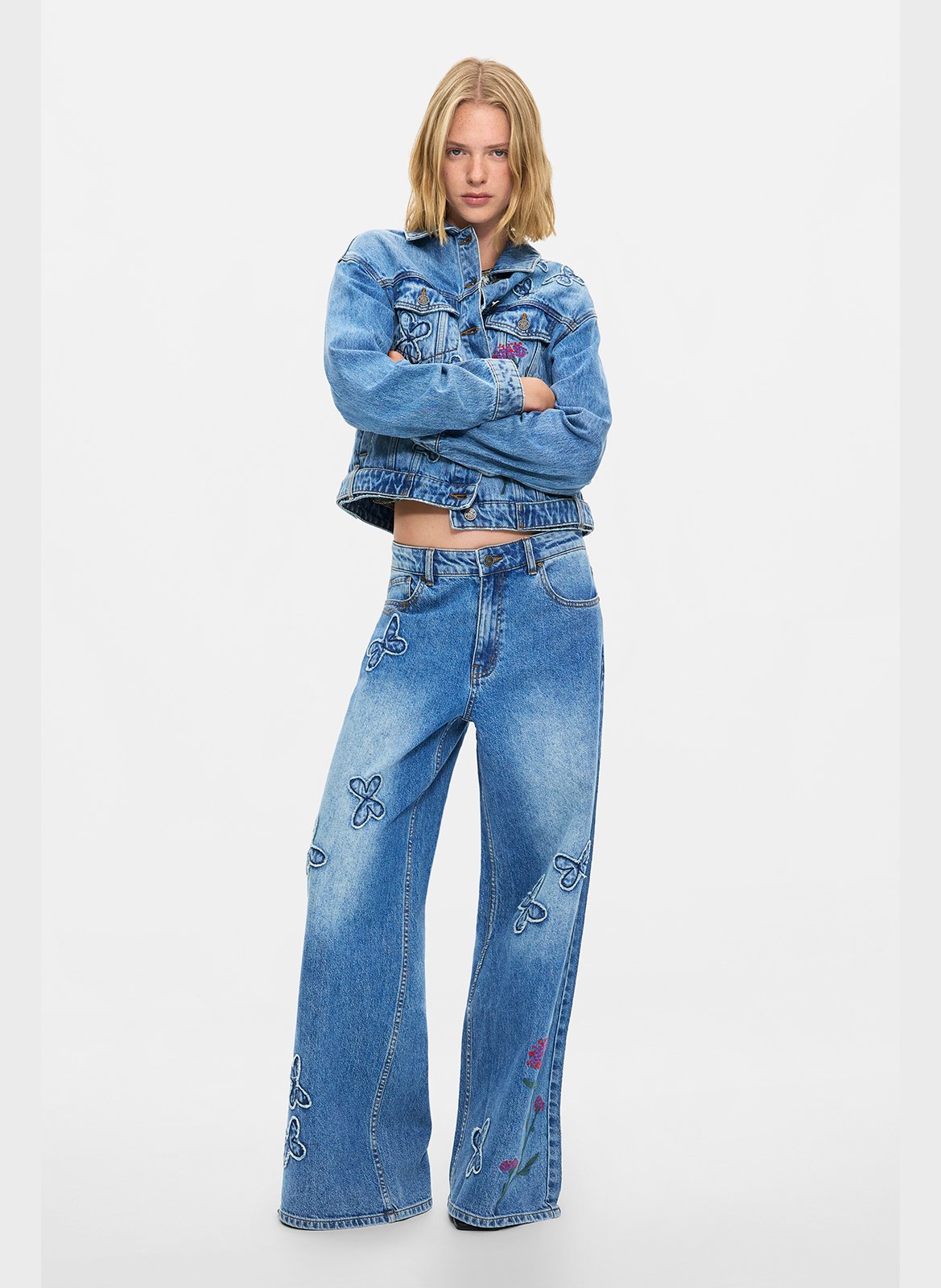 Jean large à motifs brodés DESIGUAL Bleu