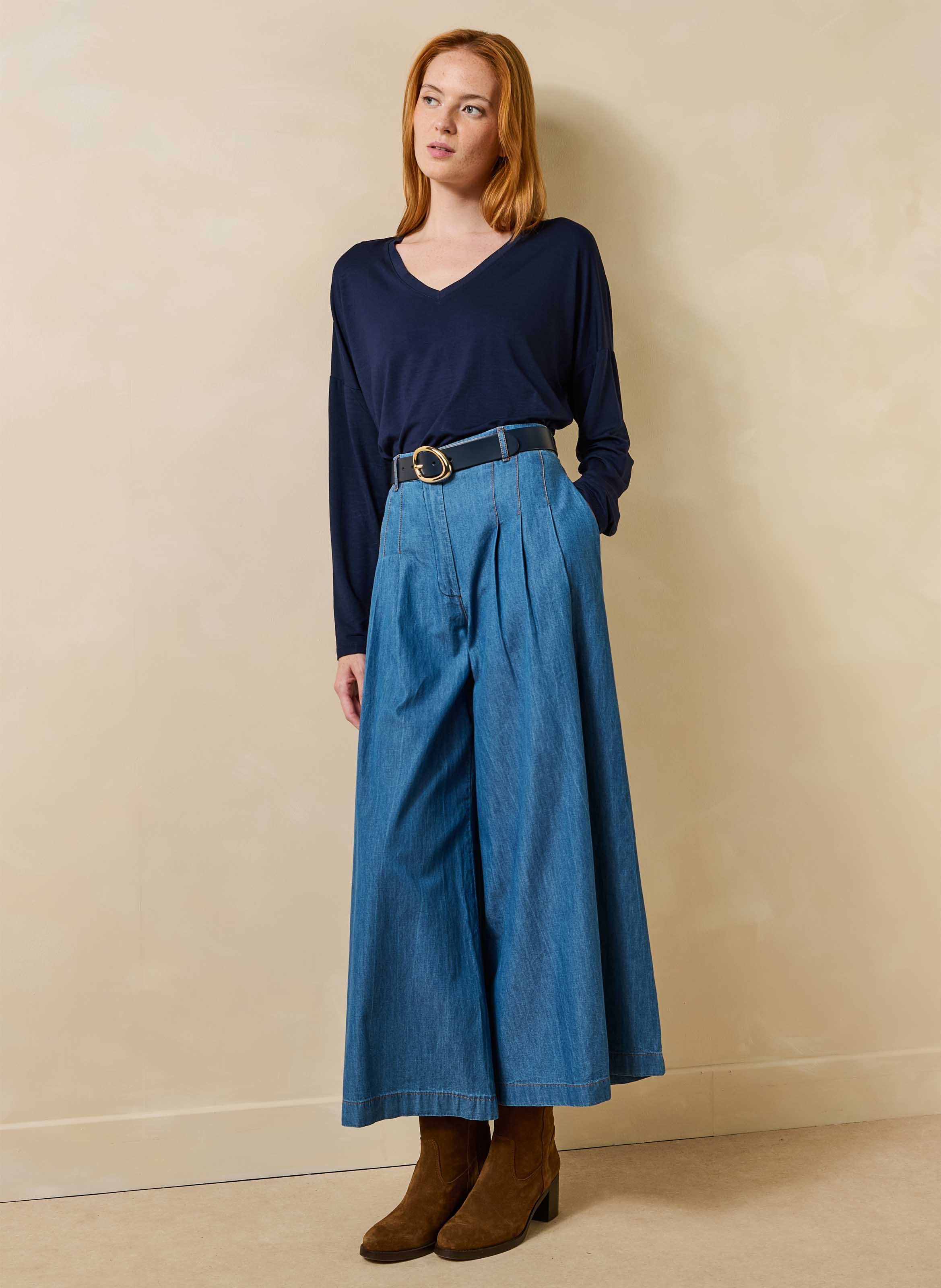 Wijdvallend T-shirt met V-hals uni LA FEE MARABOUTEE Blauw