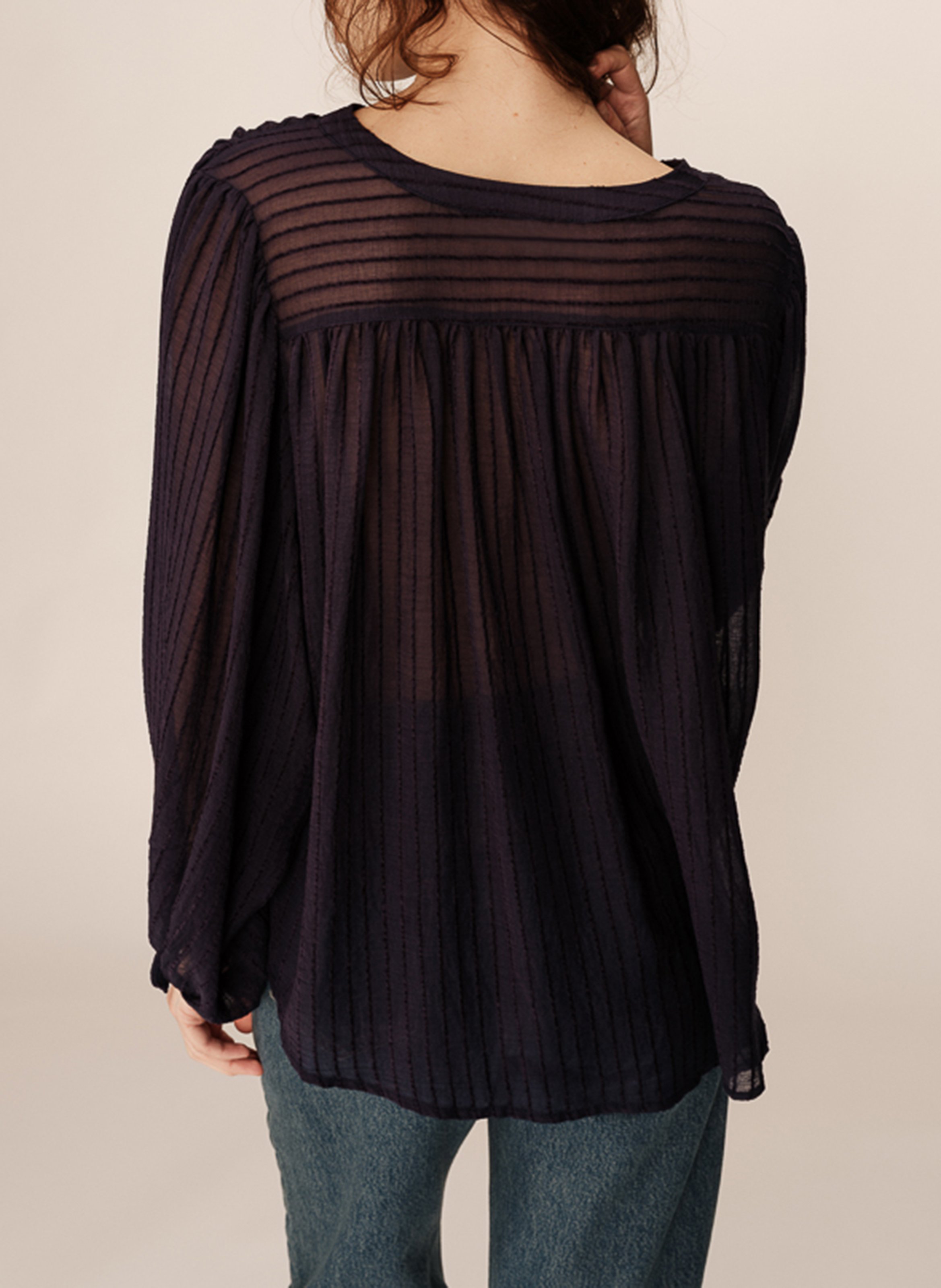 Striped loose-fitting blouse with gathers Blue