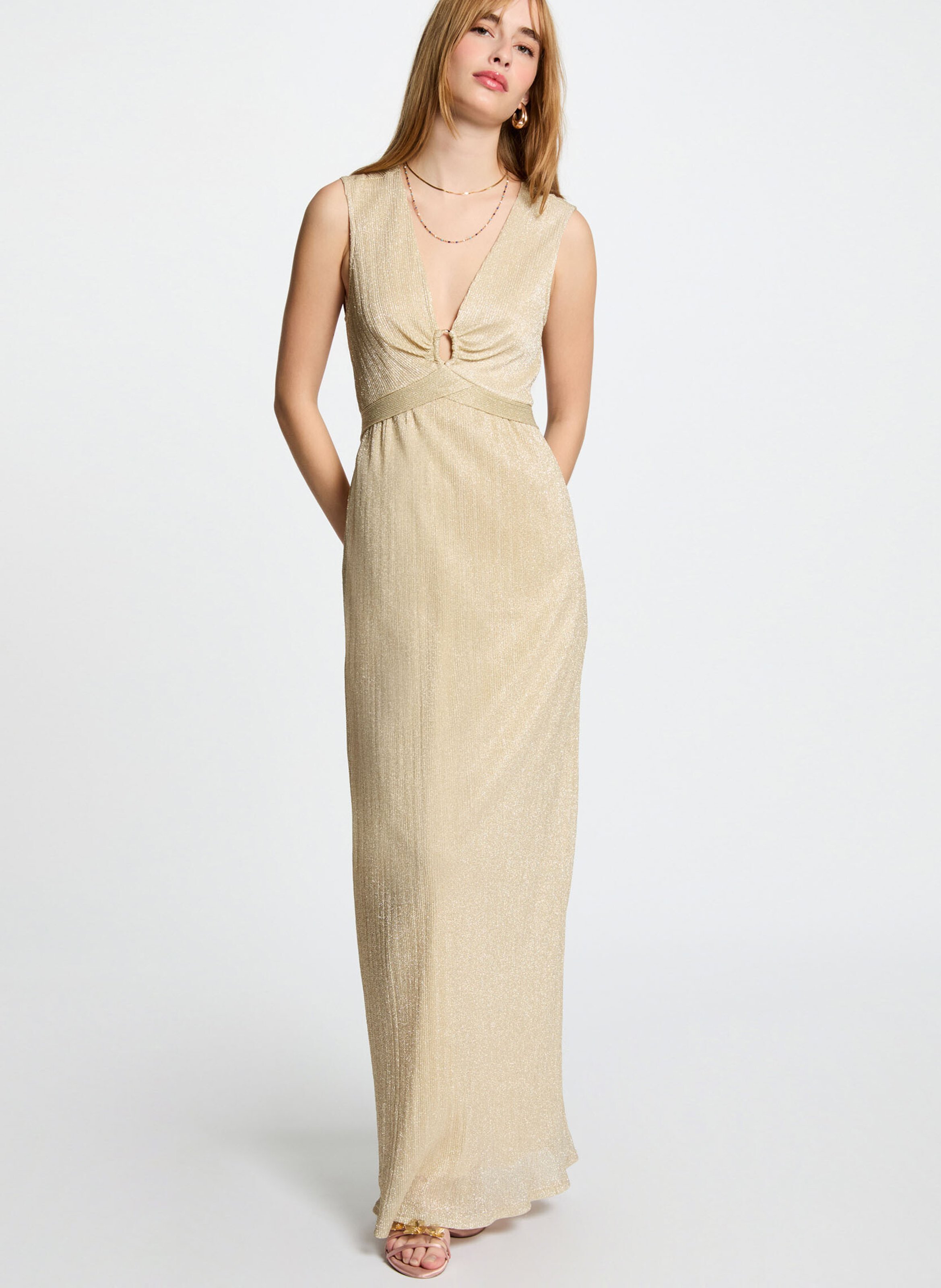 Lange mouwloze jurk met V-hals en lovertjes MORGAN Goudkleurig