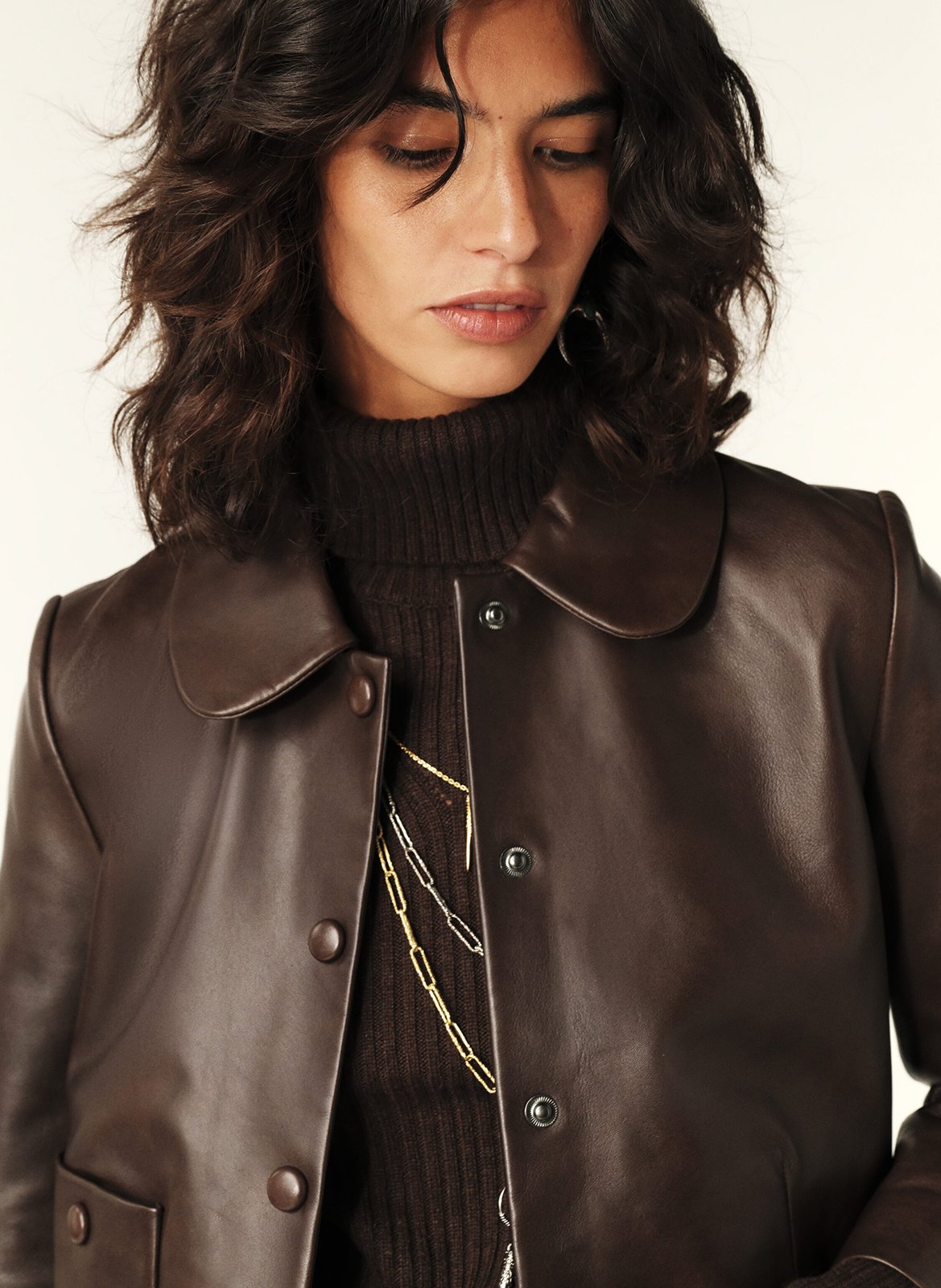 Leren jasje met kraagje met ronde punten BA&SH Bruin