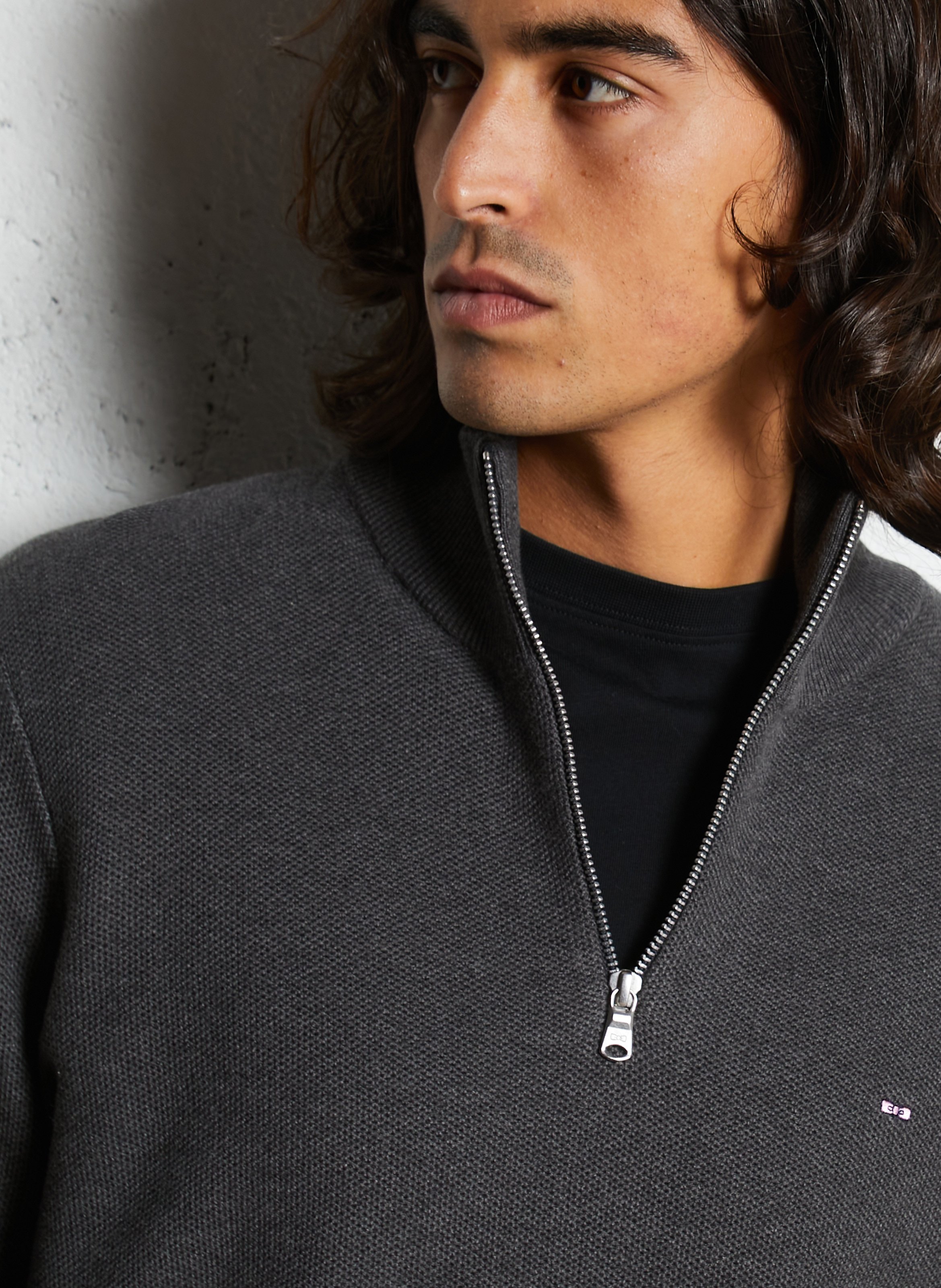 Pull droit col montant brodé en coton EDEN PARK Gris