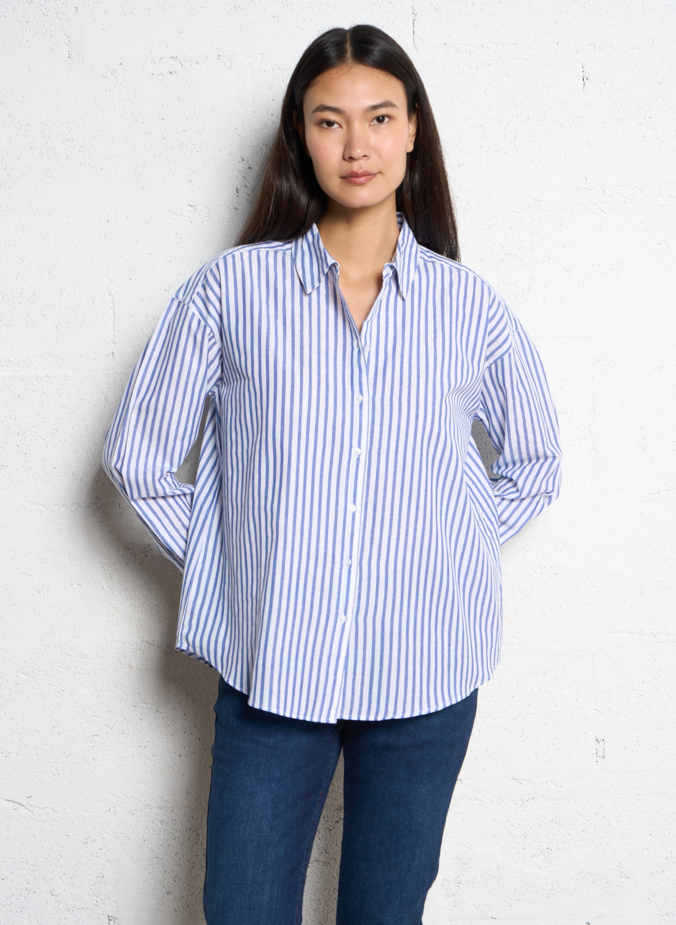 Wijdvallende klassieke gestreepte blouse van metallic katoen SUD EXPRESS Blauw