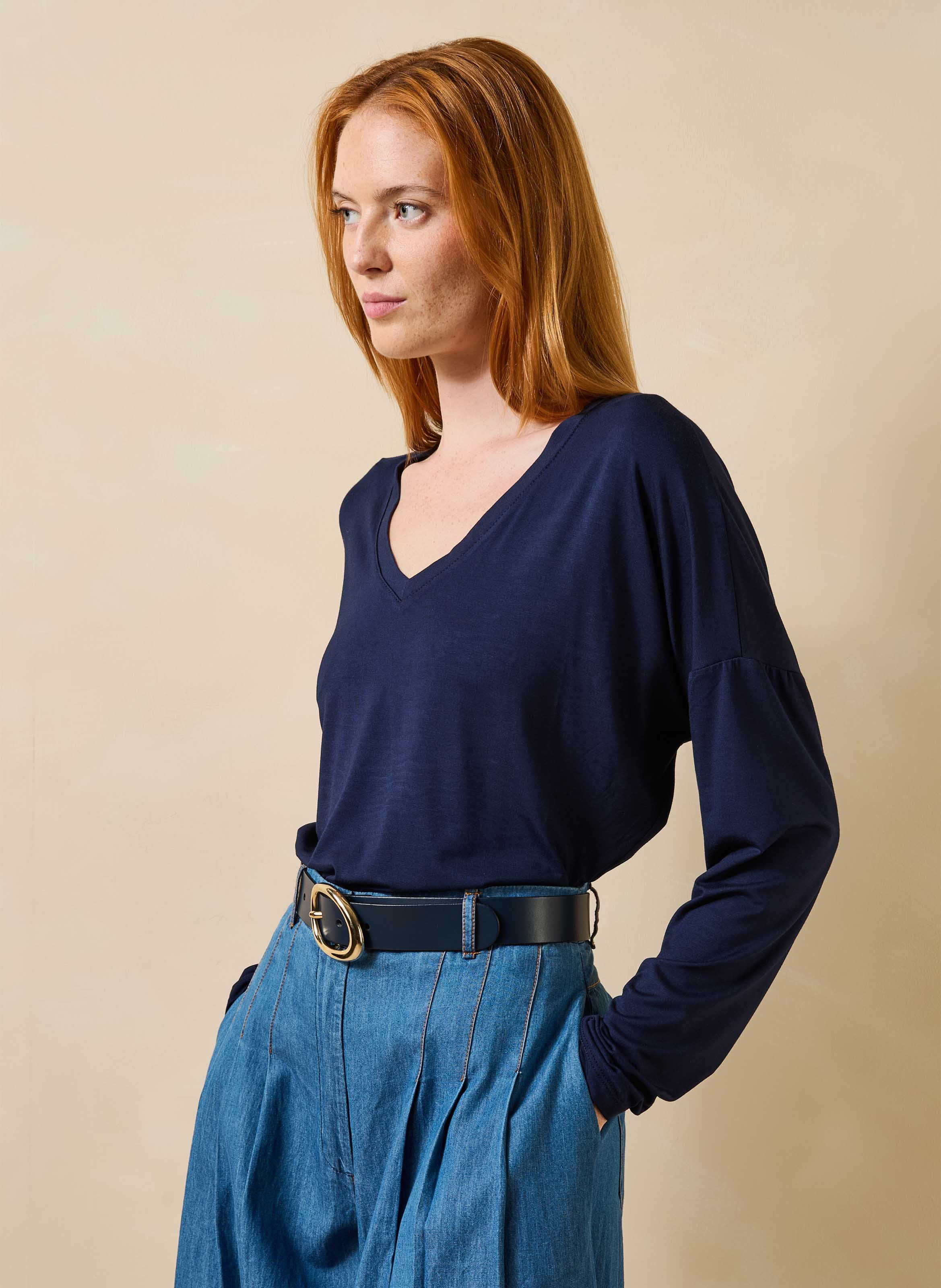 Wijdvallend T-shirt met V-hals uni LA FEE MARABOUTEE