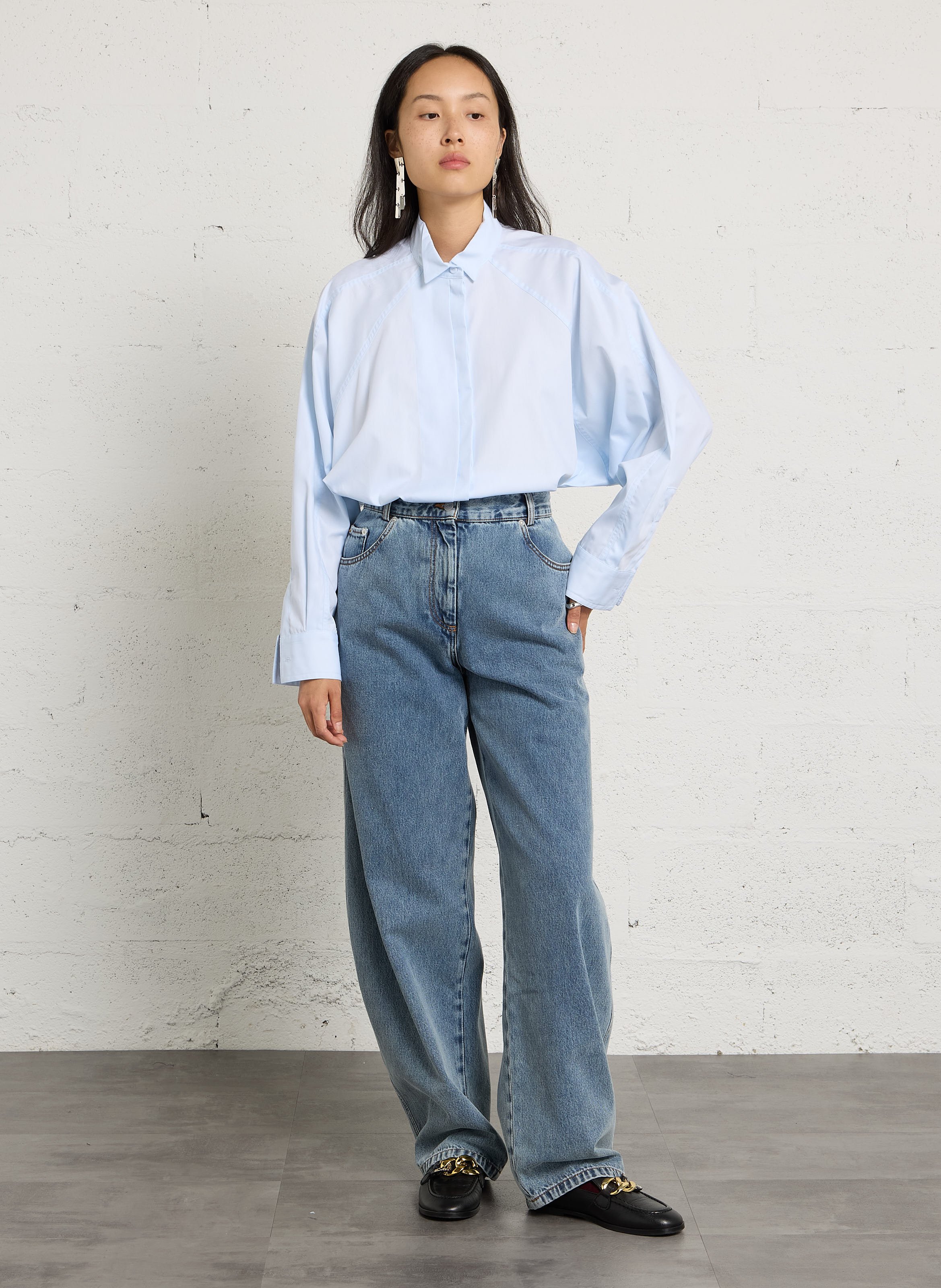 Chemise ample col cassé en coton MARGAUX LONNBERG Bleu