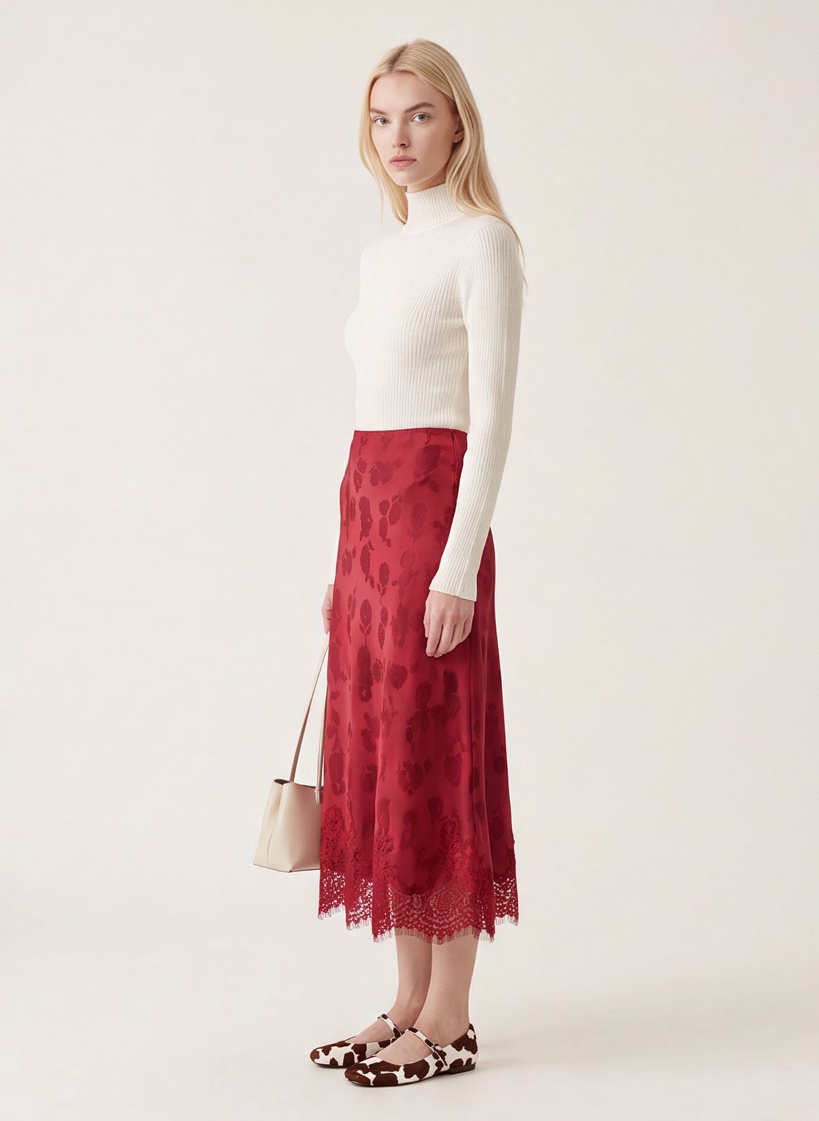 Gerader Rock aus satinierter Spitze mit Blumenmuster KOOKAI Rot