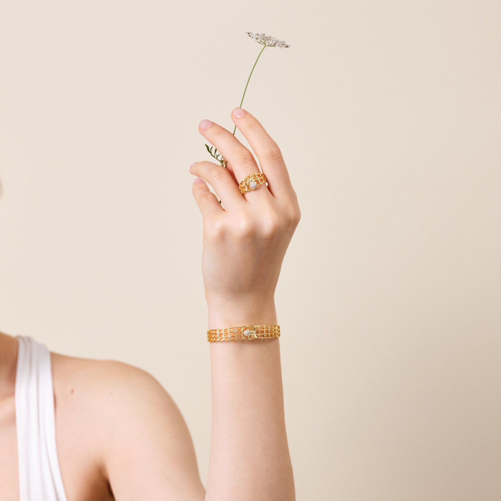 Gold-plated openwork enamel bangle bracelet, spider and crystals LES NEREIDES Yellow