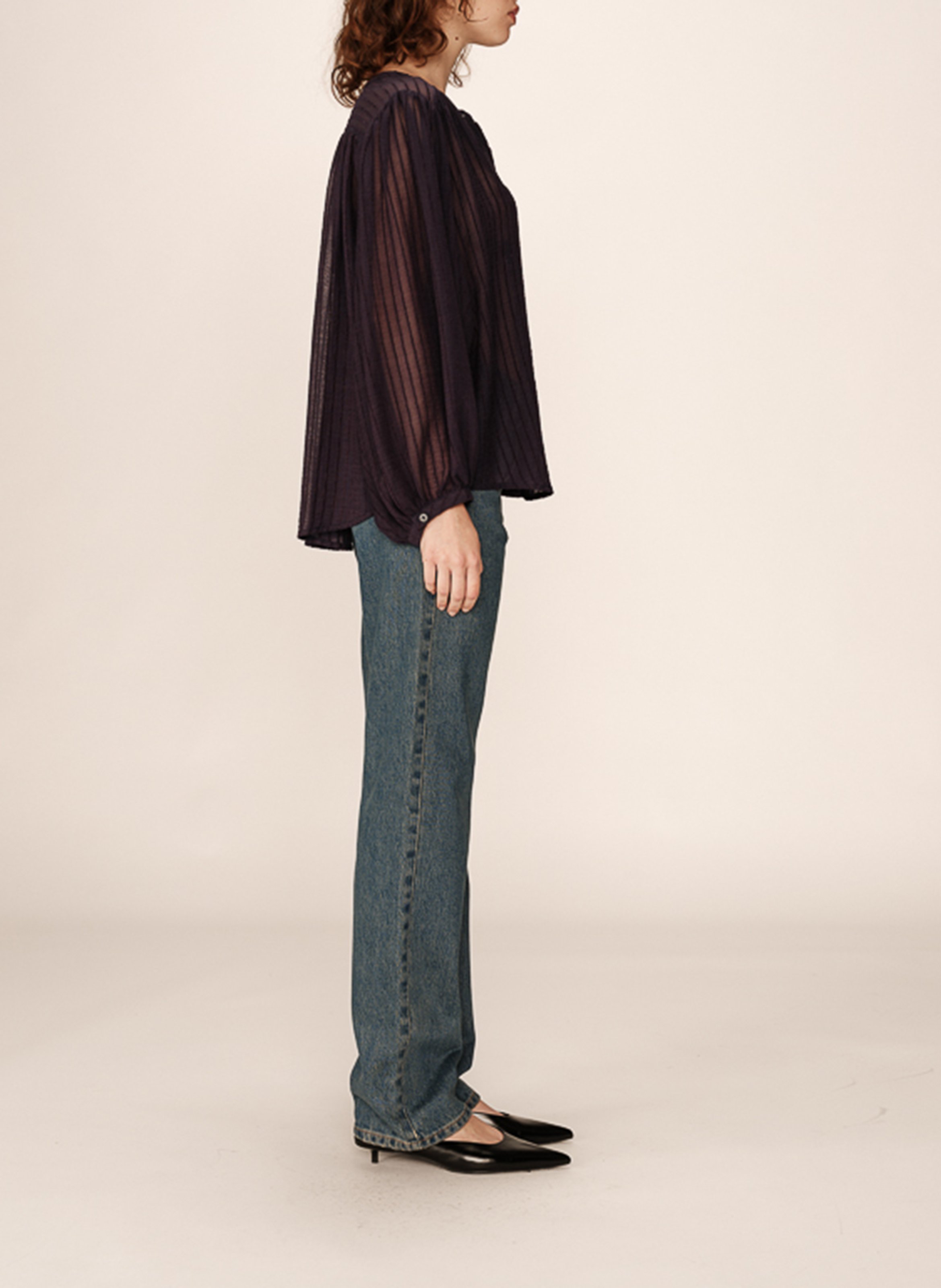 Striped loose-fitting blouse with gathers Blue