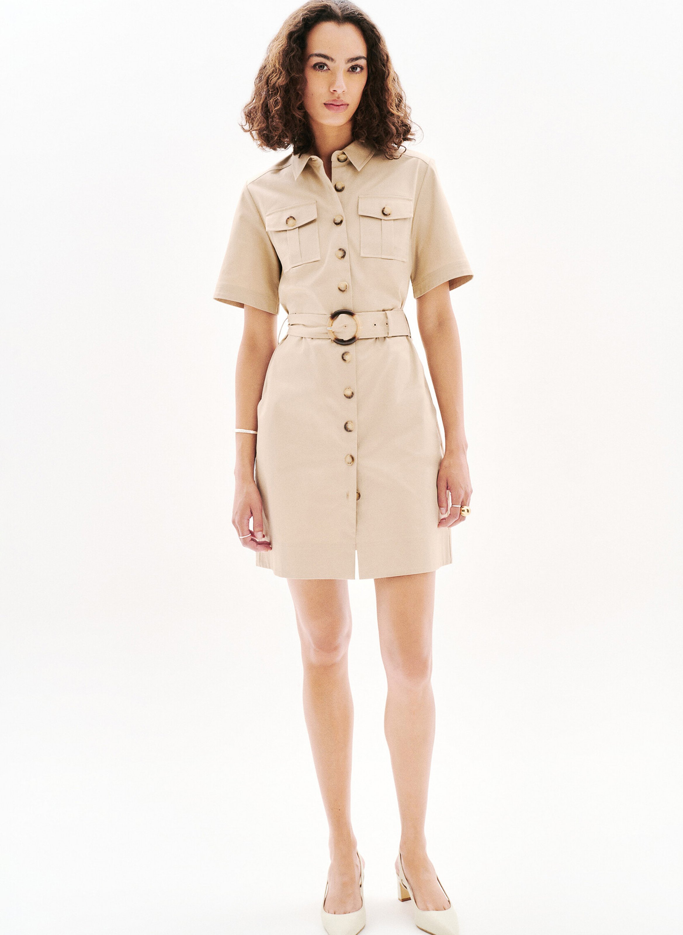 Short cotton dress with classic collar CAROLL Brown