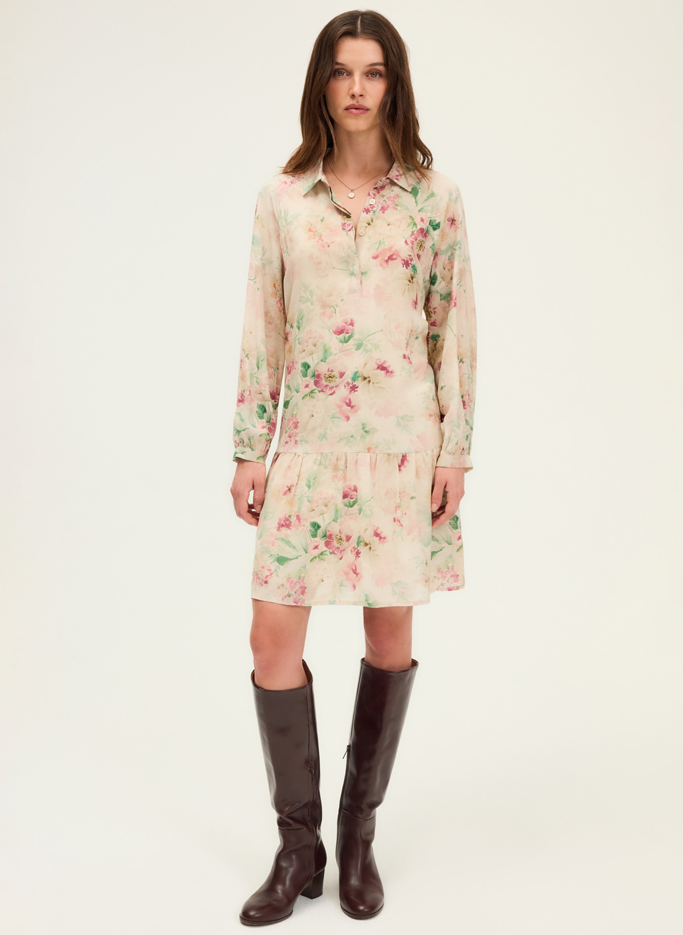 Short dress with floral print and shirt collar PABLO Beige
