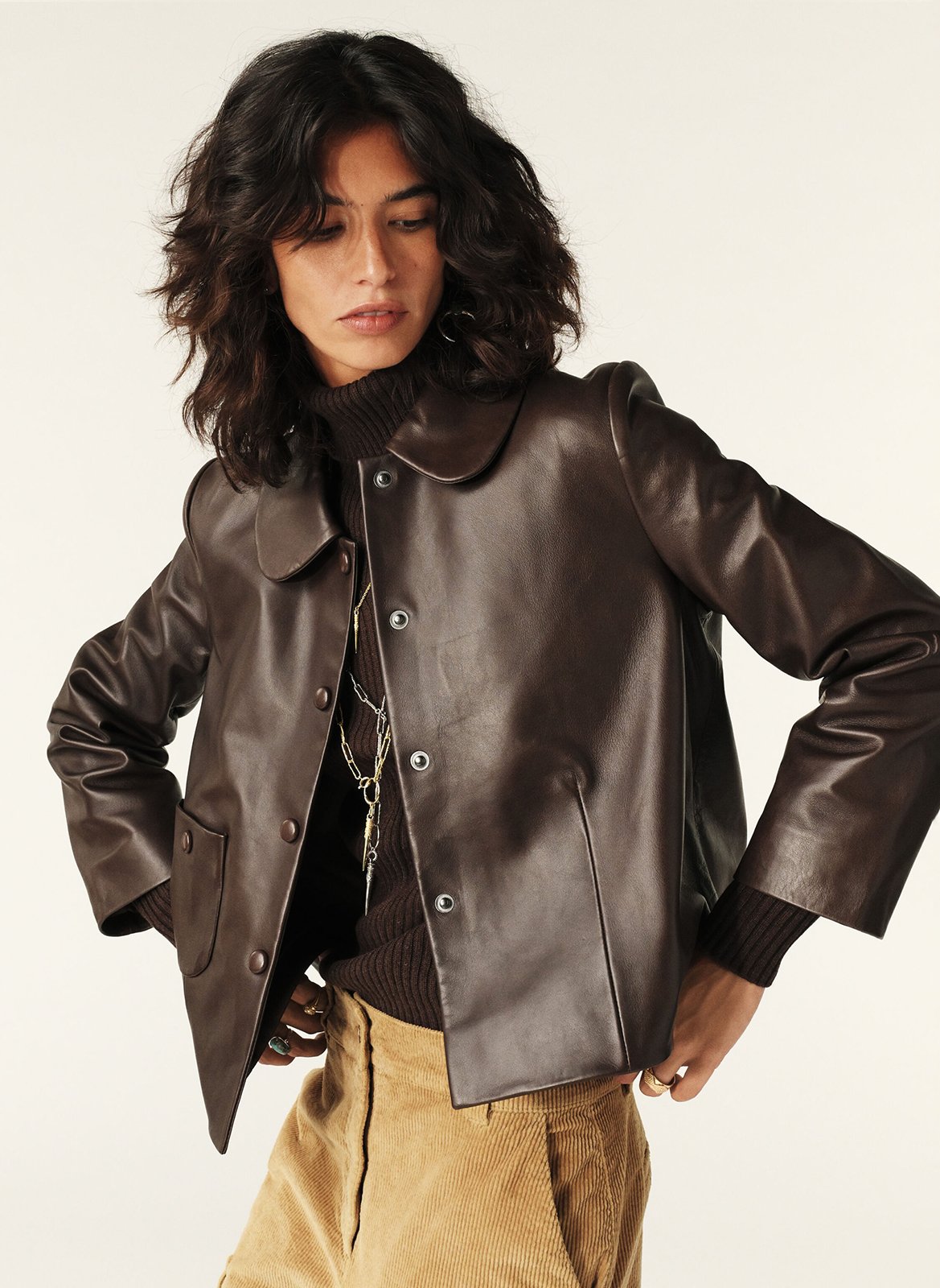 Leren jasje met kraagje met ronde punten BA&SH Bruin