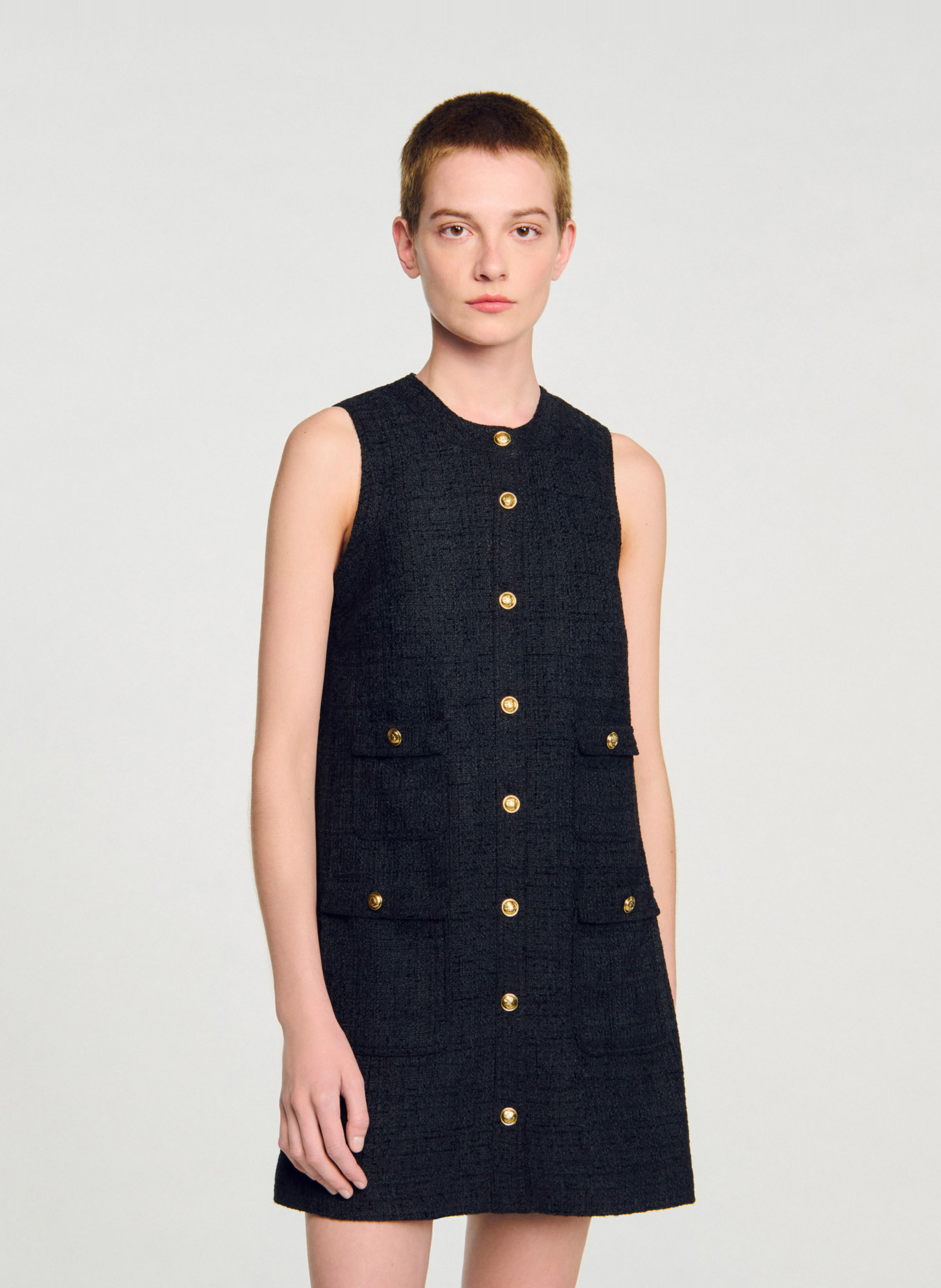 Robe courte col rond en tweed SANDRO Noir