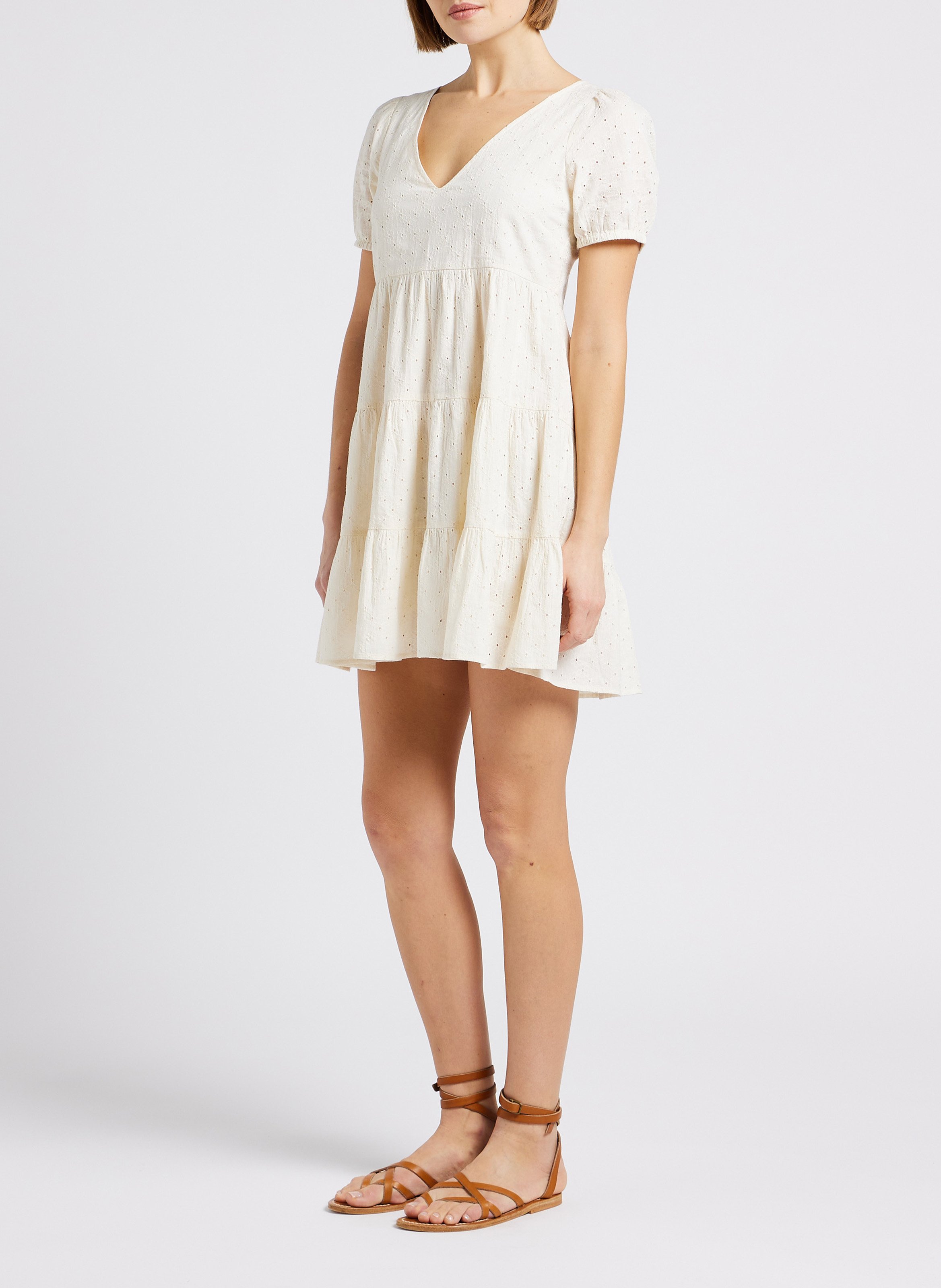 V-neck embroidered cotton A-line dress EMILE ET IDA White