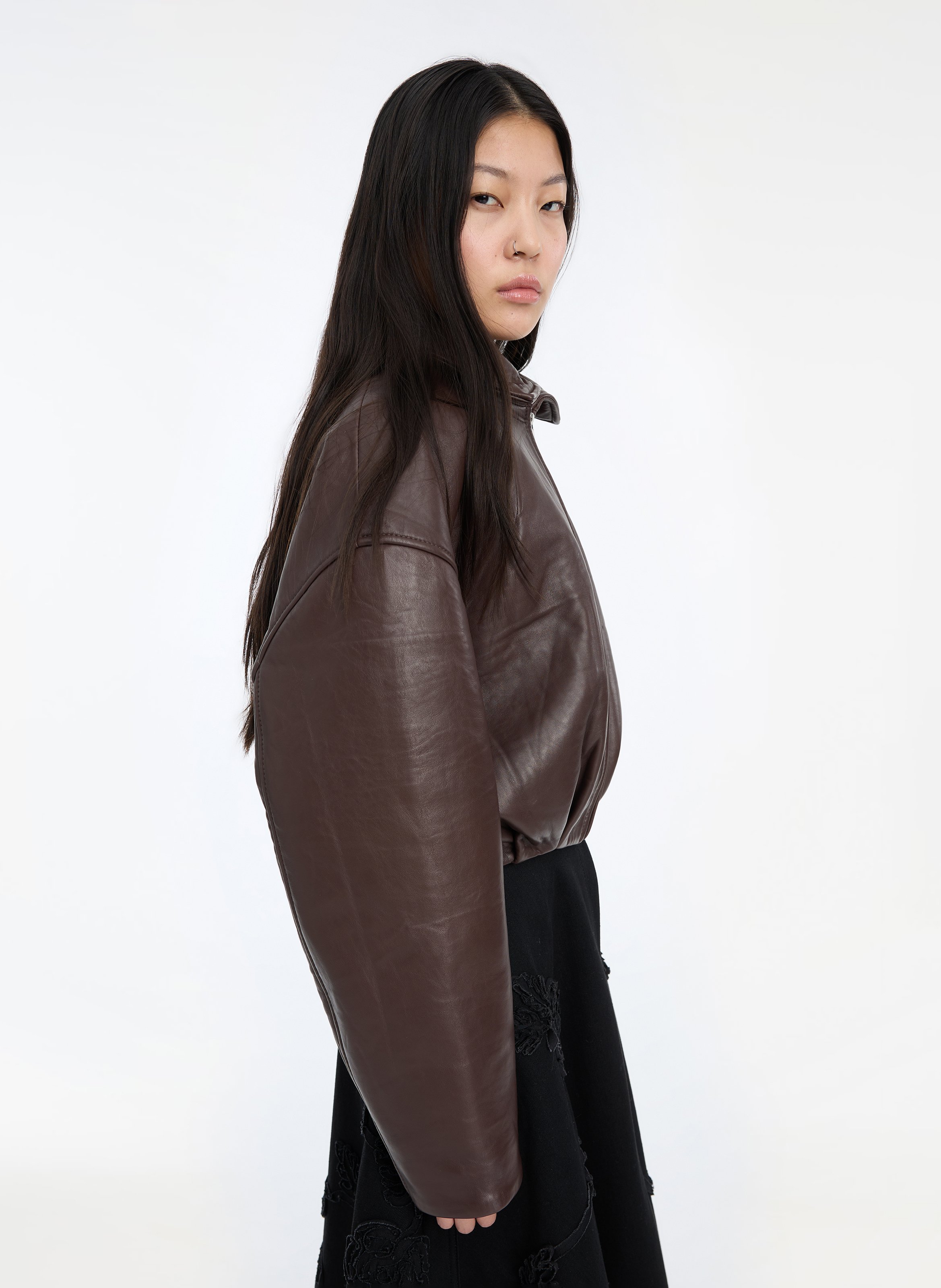 Korte oversized leren jas ROTATE Bruin