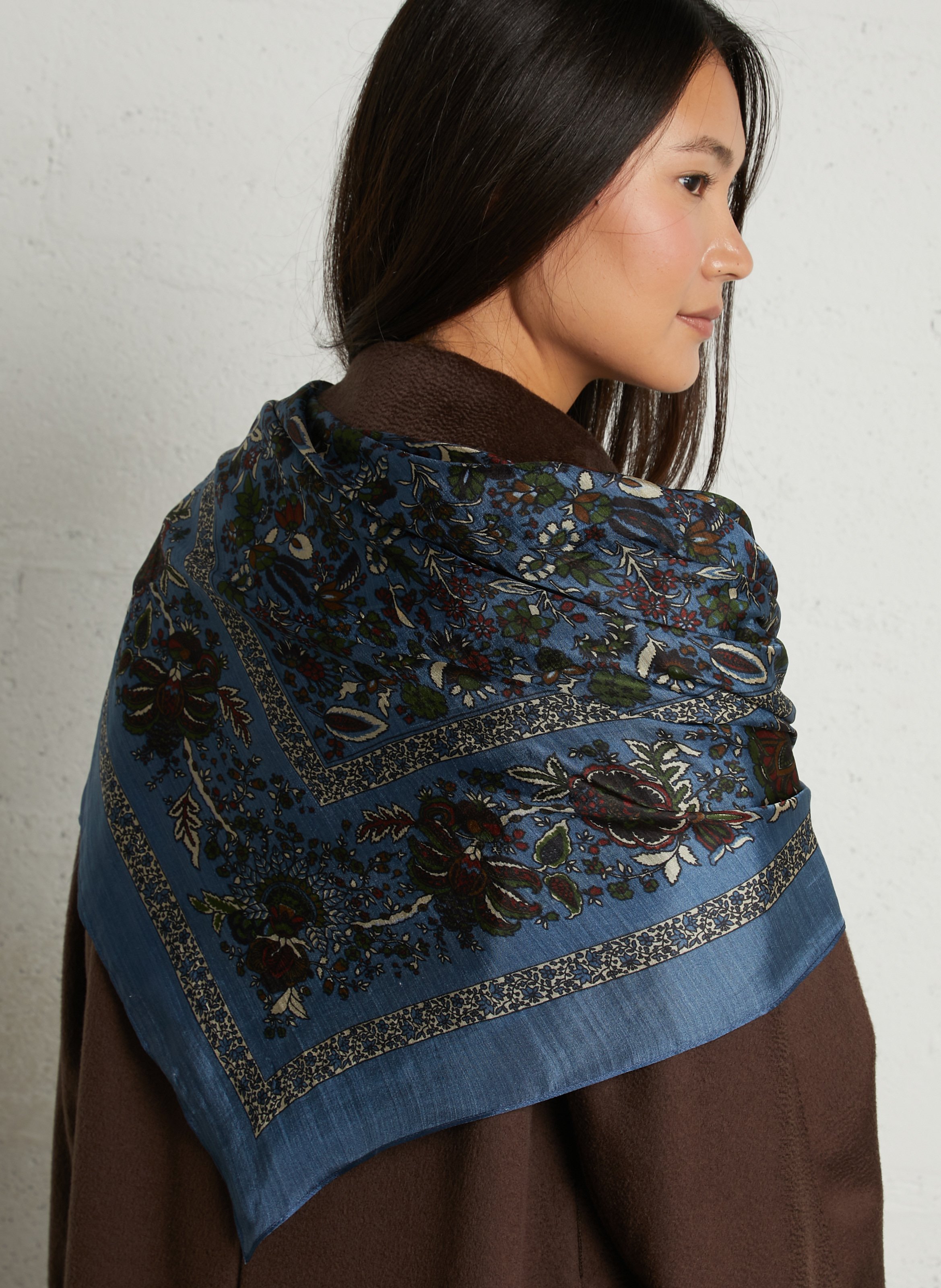 Foulard carré imprimé floral en soie BECKSONDERGAARD Bleu