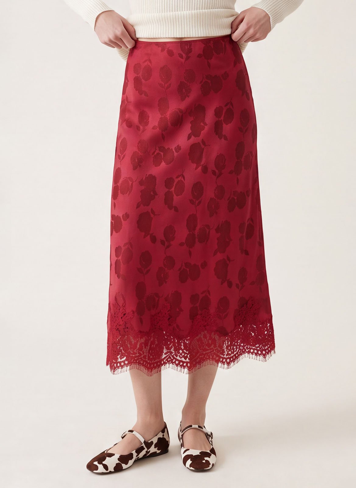 Gerader Rock aus satinierter Spitze mit Blumenmuster KOOKAI Rot