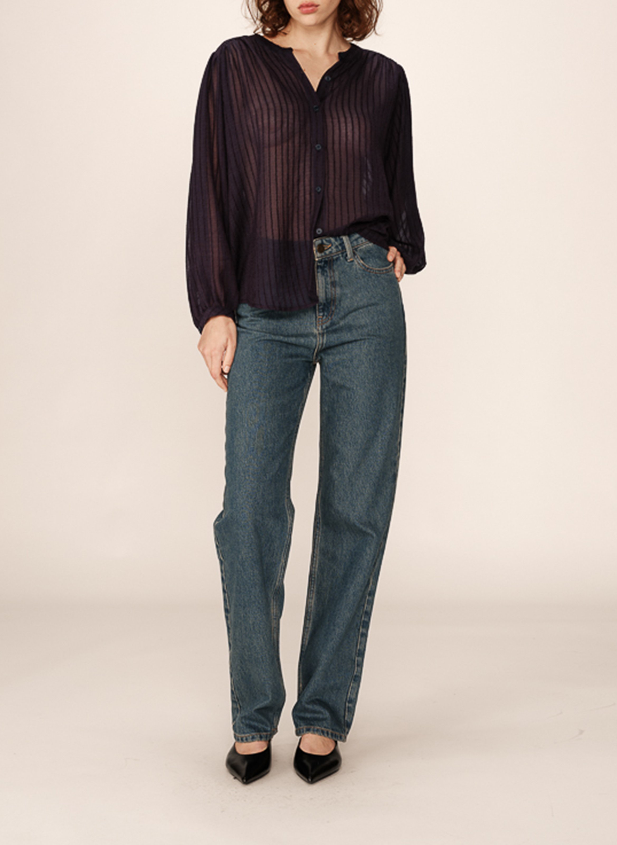 Striped loose-fitting blouse with gathers Blue