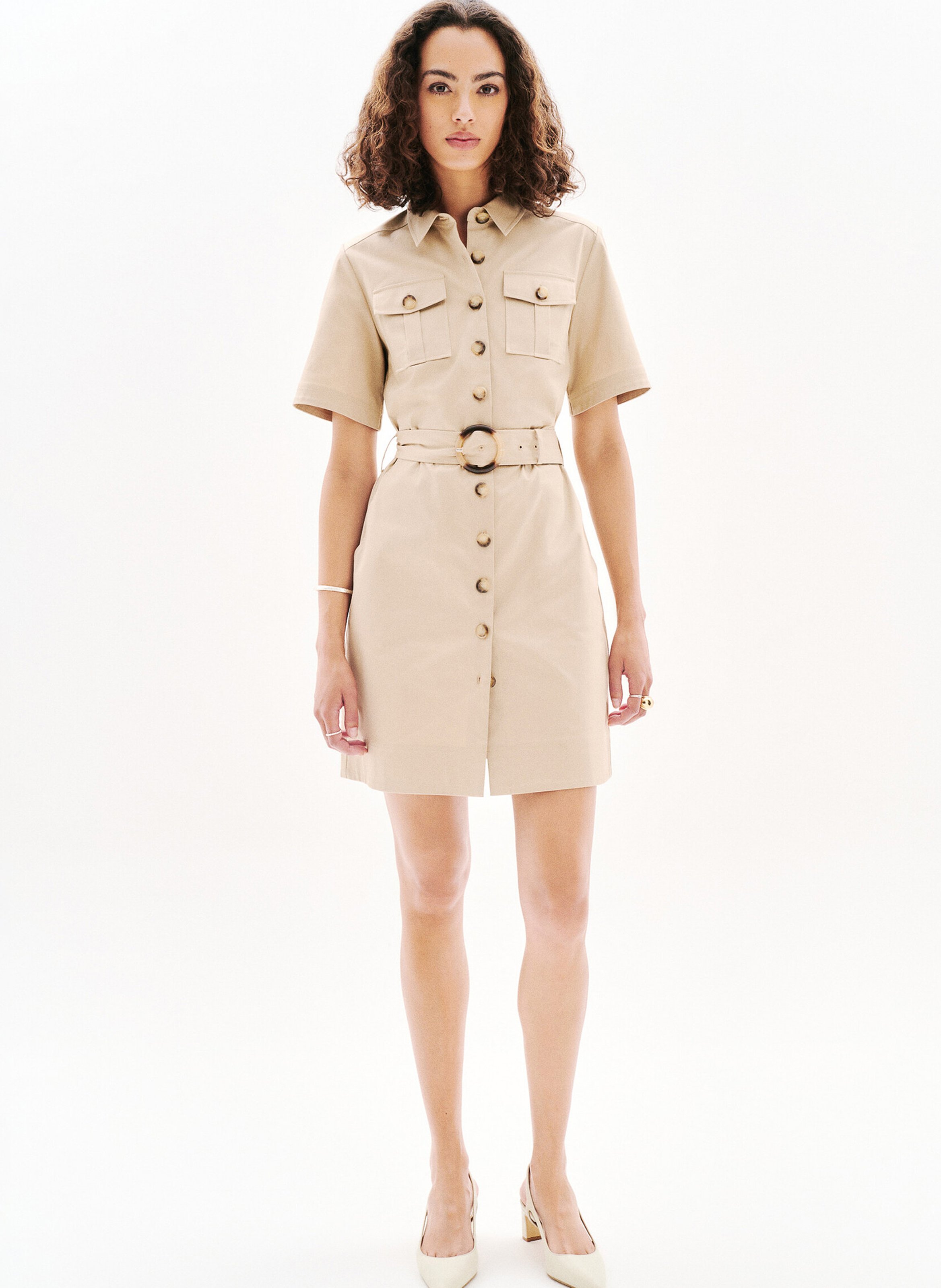 Short cotton dress with classic collar CAROLL Brown