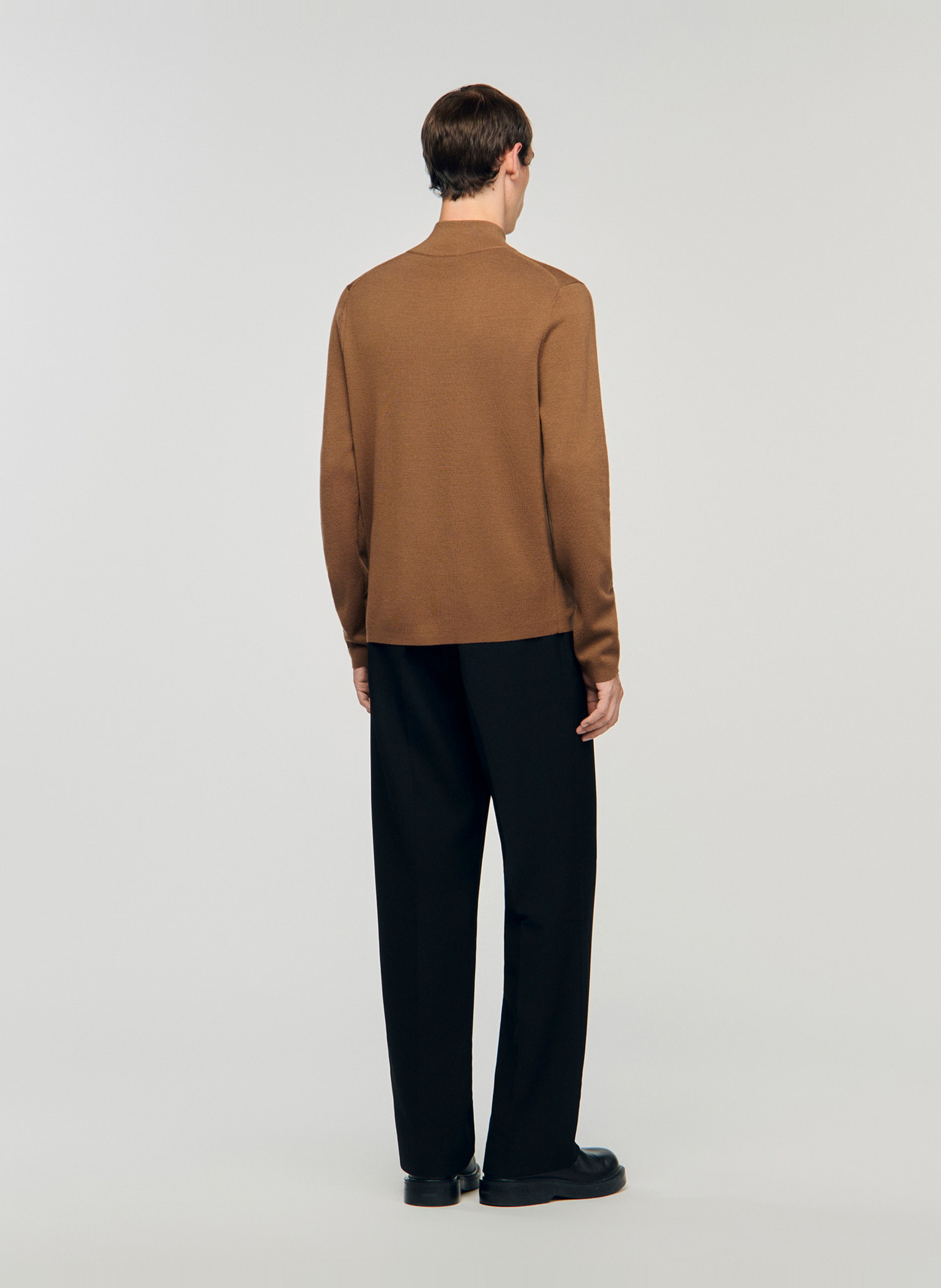 High-neck wool sweater with zip Beige