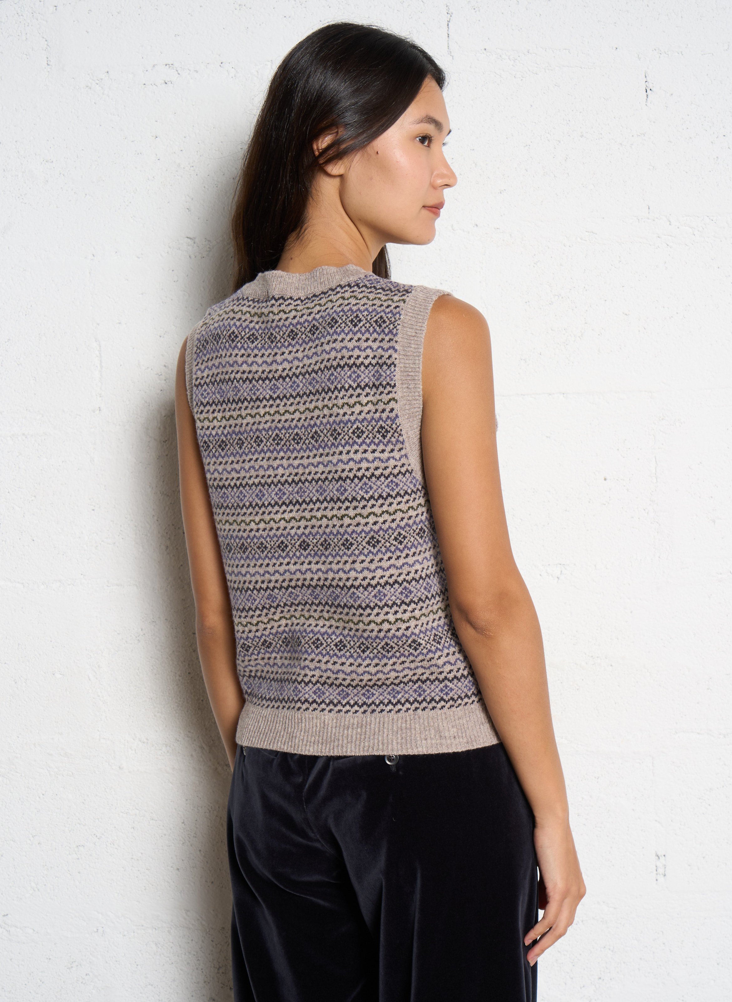 Pull sans manches col rond jacquard en laine mérinos SOEUR Multicolore