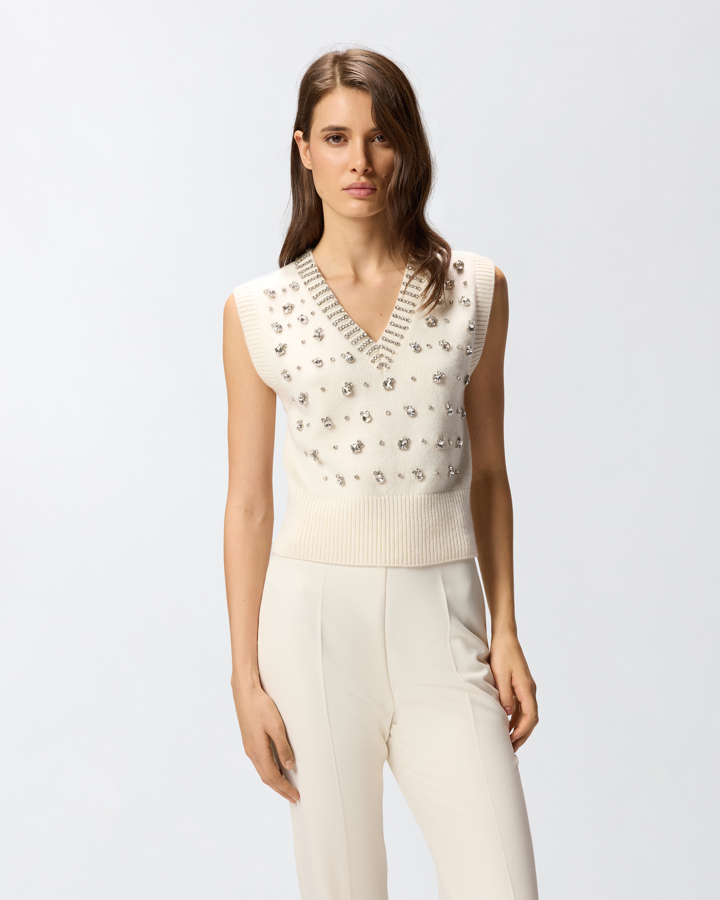Knit vest with rhinestones PINKO White