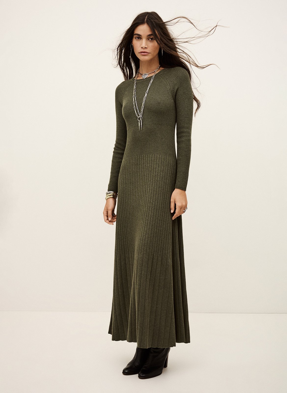 Robe longue col rond en laine mélangée BA&SH Kaki