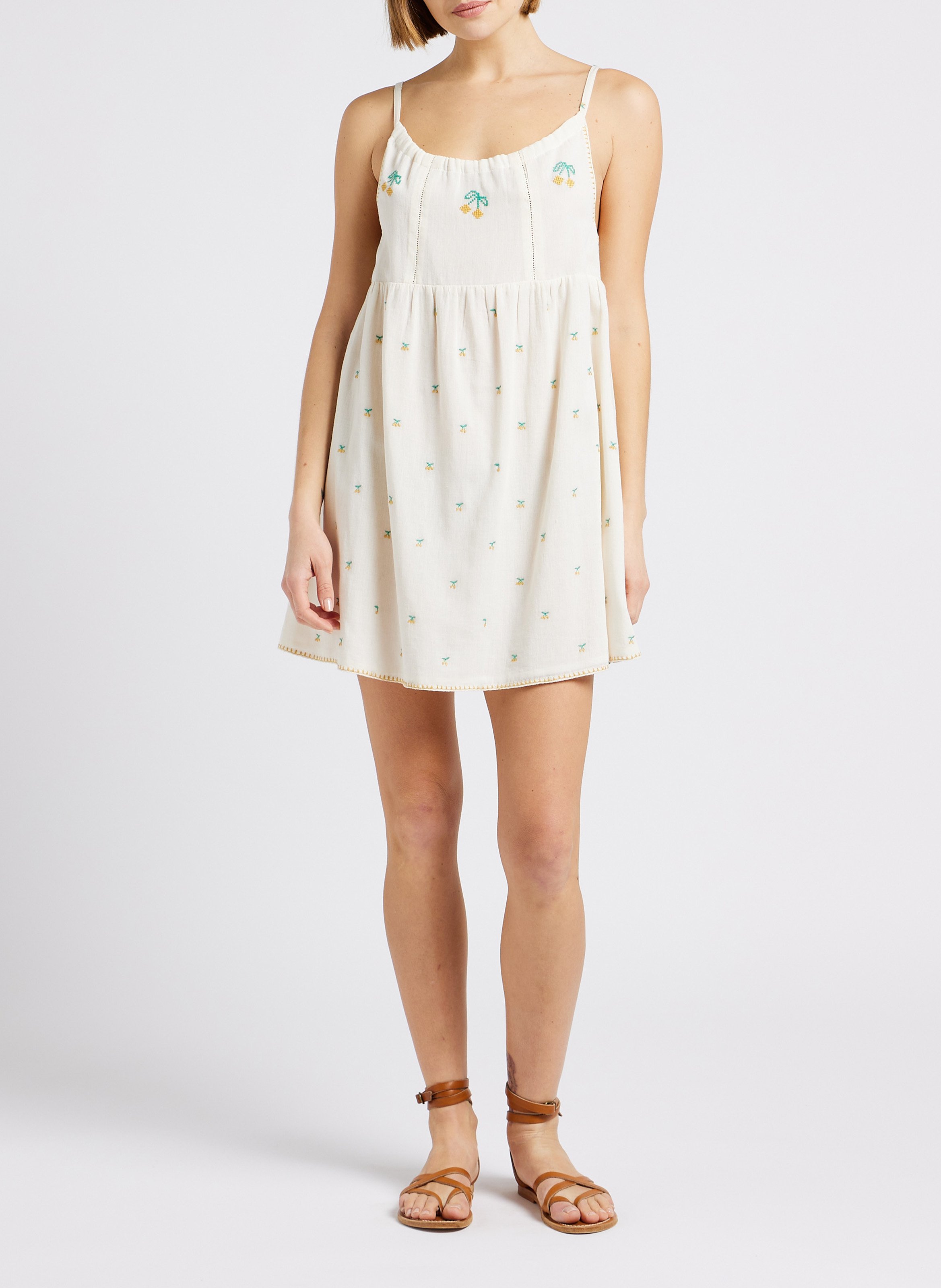 Robe courte droite encolure ronde en coton brodé EMILE ET IDA Blanc