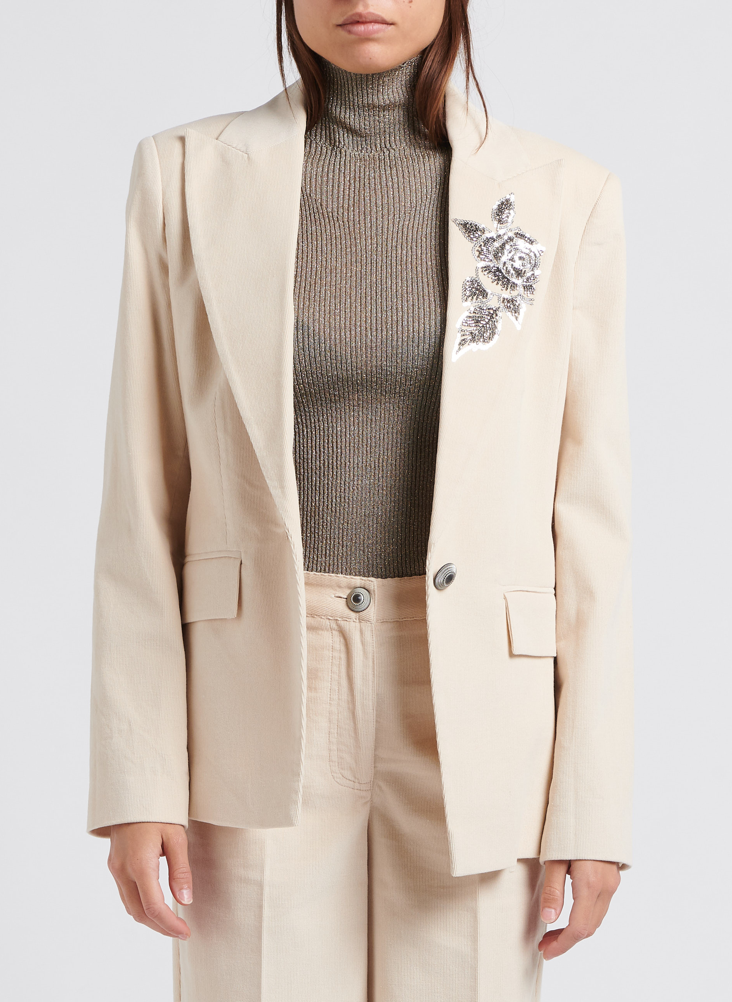 Sequin and pearl cotton jacket with tailored collar TWINSET Beige